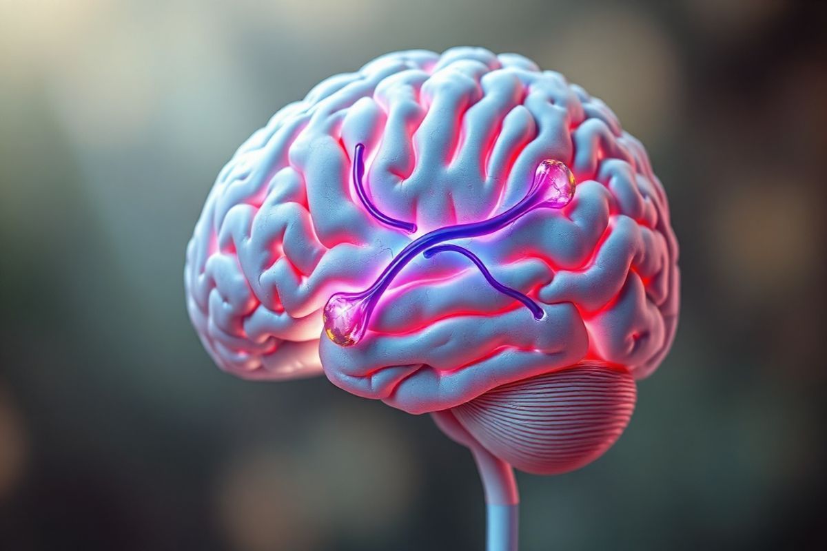 A close-up view of a serene and tranquil brain illustration, showcasing a cross-section that highlights the intricate network of blood vessels and venous sinuses. The image features a soft, ethereal light illuminating the brain’s surface, enhancing the delicate textures and contours of the grey and white matter. Vivid colors subtly represent areas of increased intracranial pressure, with gentle gradients of blue and purple swirling around the venous sinuses, symbolizing the flow of blood. Surrounding the brain is a soft-focus background of muted natural tones, evoking a sense of calm and introspection. The overall composition conveys a blend of scientific detail and artistic beauty, inviting viewers to explore the complexities of cerebral venous sinus thrombosis in a visually captivating manner.