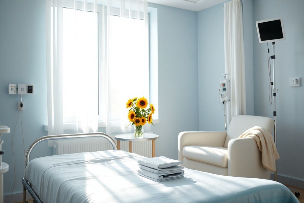 A photorealistic decorative image depicting a serene and tranquil scene within a medical environment. The focus is on a softly lit hospital room with a large window showcasing a bright, sunny day outside. Sunlight filters through sheer white curtains, casting gentle shadows on the pale blue walls. In the foreground, a neatly made hospital bed is adorned with crisp white linens and a light blue blanket, neatly folded at the foot. A small bedside table holds a fresh vase of sunflowers, their vibrant yellow petals contrasting beautifully with the calming colors of the room. On the opposite side, a comfortable armchair invites relaxation, accompanied by a cozy throw blanket draped over its arm. Medical equipment, including a heart monitor and IV stand, is subtly integrated into the background, ensuring the scene conveys a sense of care and healing. The overall atmosphere exudes warmth and hope, symbolizing the importance of timely medical attention and recovery. This image captures the essence of a nurturing space, making it an ideal accompaniment to the theme of cerebral venous sinus thrombosis and the significance of early recognition and treatment.