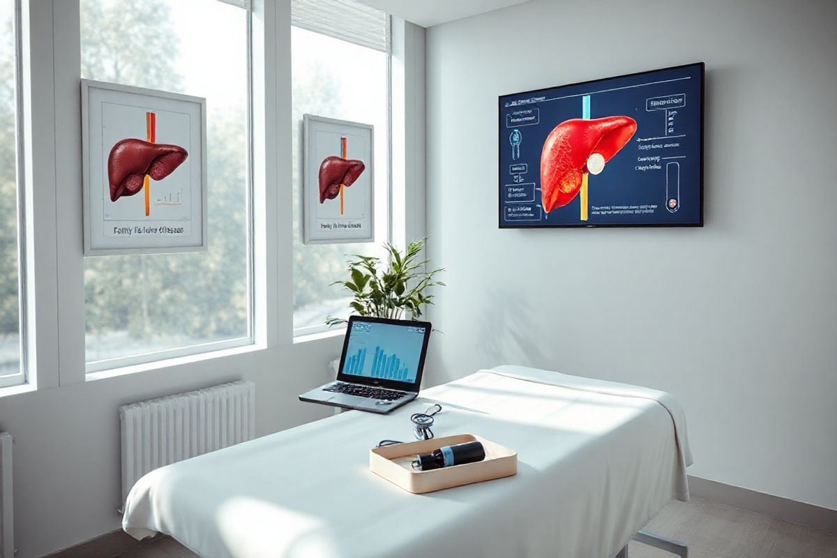 A photorealistic image depicting a serene medical examination room with soft, natural lighting filtering through large windows. The room features a modern examination table covered with a crisp white sheet, flanked by a sleek, minimalist desk with a laptop open, displaying graphs of liver enzyme levels. On the walls, there are framed anatomical posters of the liver highlighting fatty liver disease and its stages, rendered in vibrant colors for educational purposes. A potted plant sits in the corner, adding a touch of greenery and life to the space. A small tray on the desk holds various medical tools, including a stethoscope and a blood pressure cuff, emphasizing the clinical setting. In the background, a wall-mounted display shows a digital liver model, illustrating the progression from simple fatty liver to cirrhosis, capturing the essence of the diagnostic journey being discussed in the context of MASLD. The overall atmosphere is calm and inviting, designed to put patients at ease while reflecting the importance of liver health and the diagnostic process.