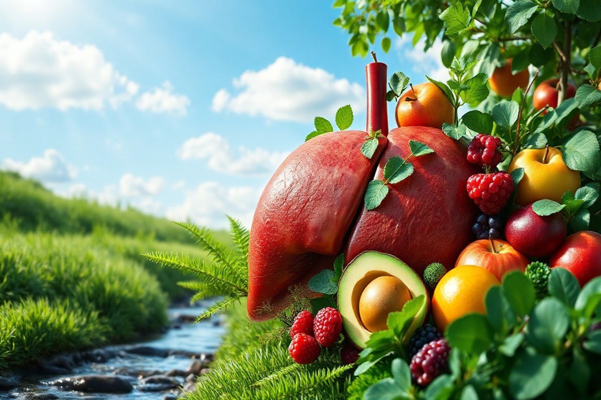 A photorealistic decorative image showcasing a serene, healthy liver embedded within a lush, green landscape. The liver, depicted with a smooth, rich reddish-brown texture, is surrounded by vibrant fruits like apples, avocados, and berries, symbolizing a balanced diet. Delicate ferns and leafy vegetables are artistically arranged around the liver, emphasizing the importance of nutrition in maintaining liver health. In the background, a clear blue sky is visible, with soft, fluffy clouds that suggest a peaceful atmosphere. A gentle stream flows nearby, reflecting the sunlight and enhancing the overall sense of tranquility. The composition subtly conveys the message of wellness and the positive impact of lifestyle changes on liver health, inviting viewers to appreciate the beauty of a healthy body and the natural elements that contribute to it.