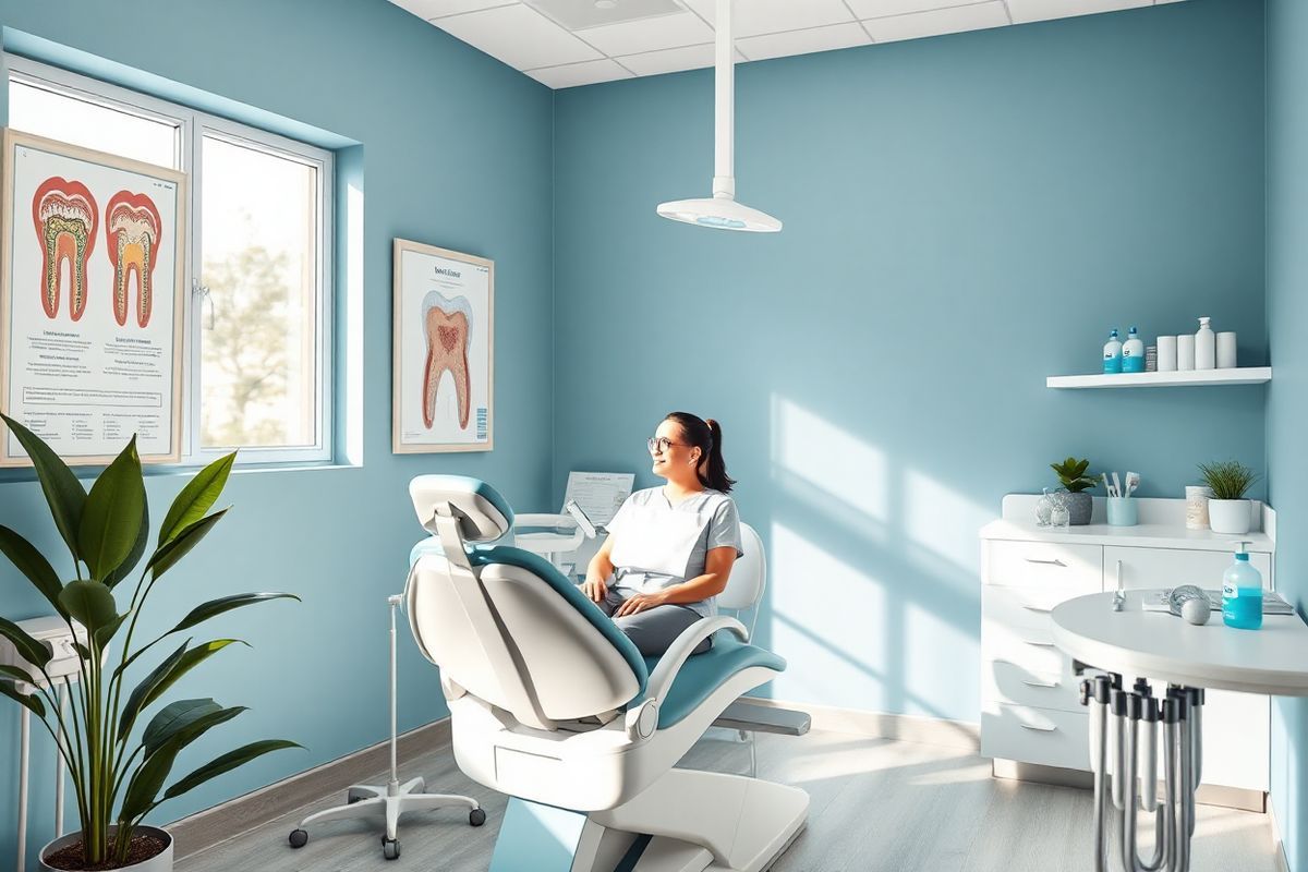 A photorealistic image depicting a serene dental clinic environment, emphasizing the importance of oral health in preventing conditions like floor of mouth cancer. The scene features a modern, well-lit dental examination room with a sleek dental chair positioned under a large window that allows natural light to stream in, illuminating the space. On the walls, there are framed charts illustrating oral anatomy and healthy dental practices, subtly hinting at the significance of regular check-ups and good hygiene. A dental hygienist is seen gently examining a patient, who appears relaxed and engaged in conversation, highlighting the human aspect of dental care. In the background, a small shelf displays dental care products such as toothbrushes, floss, and mouthwash, symbolizing the role of diet and hygiene in oral health. The overall color palette features calming blues and whites, promoting a sense of tranquility and professionalism, while soft greenery from a potted plant in the corner adds warmth to the space. This image encapsulates the preventive aspects of oral care, making it a perfect complement to the discussion on floor of mouth cancer risk factors.