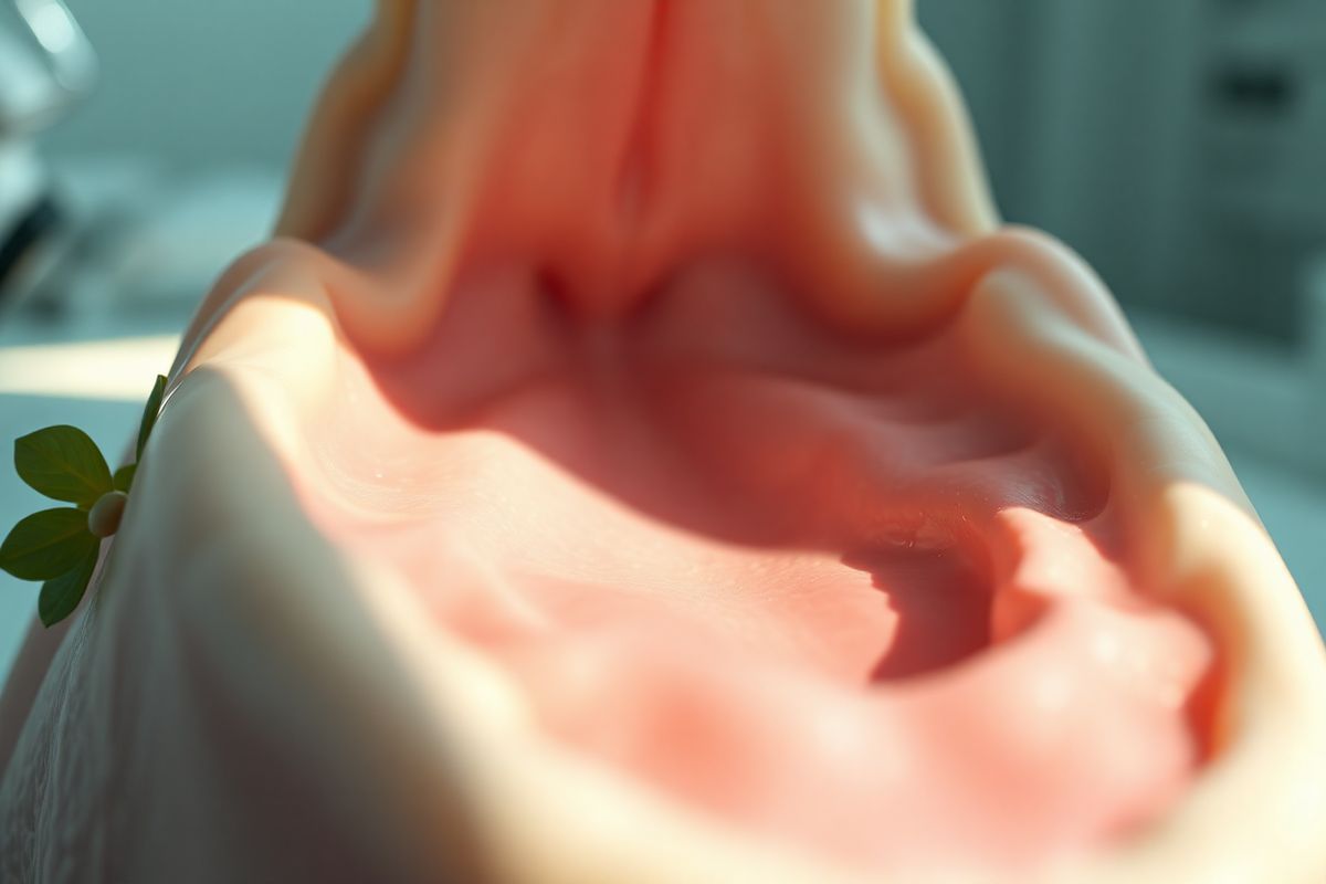 A photorealistic image depicting a serene and inviting floor of the mouth, showcasing its anatomical features in a visually striking manner. The image focuses on the soft tissues of the oral cavity, particularly the floor beneath the tongue, highlighting the delicate textures and subtle colors of the mucosa. Soft, natural lighting illuminates the area, enhancing the intricate details of the squamous cells, which appear as smooth, slightly reflective surfaces. The lower jaw and hyoid bone are subtly suggested in the background, providing context to the setting. Surrounding the main focus, a few healthy tissues are depicted, emphasizing the contrast between normal and potentially affected areas. The color palette consists of soft pinks and creams, with gentle gradients to capture the realism of human anatomy. A faint, blurred depiction of dental tools or a healthcare setting can be seen in the periphery, subtly hinting at the medical context without distracting from the primary focus. The overall mood is calm and educational, aiming to foster awareness about oral health and the importance of recognizing changes in this critical area.