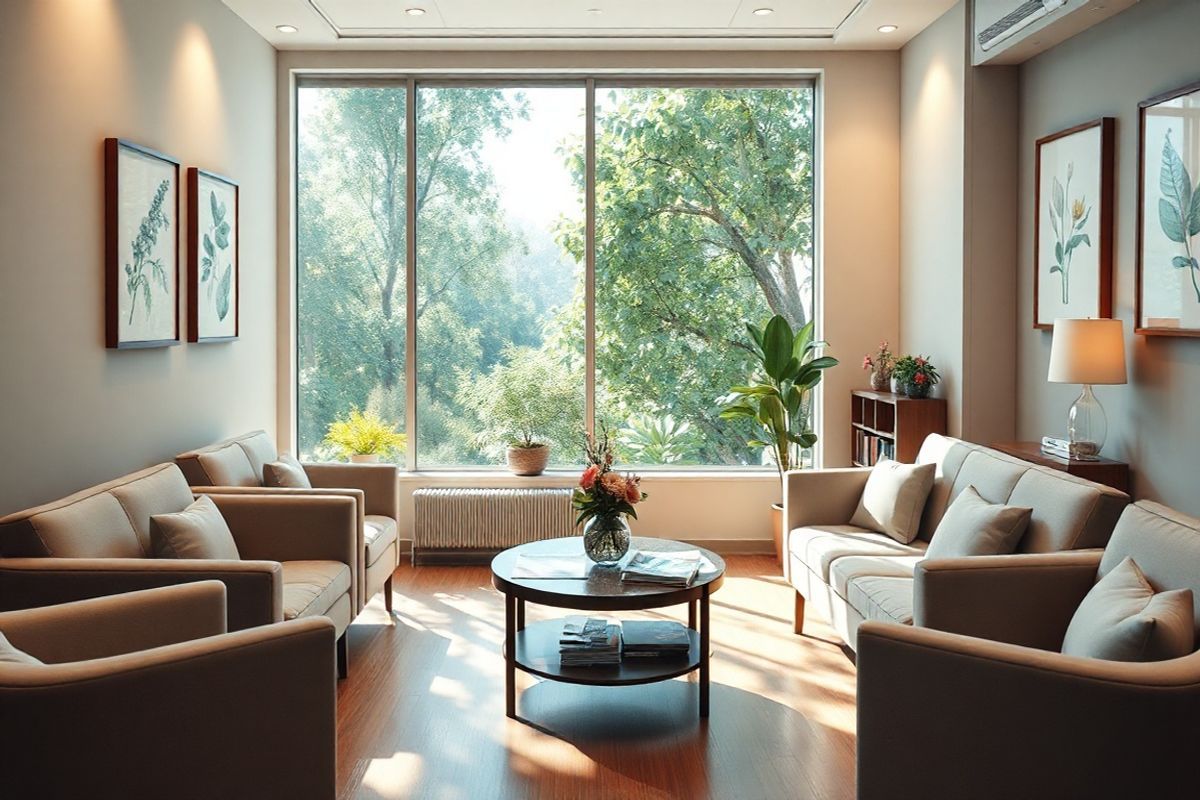 A photorealistic image depicting a serene and inviting doctor’s office waiting area, designed to evoke a sense of calm and reassurance for patients concerned about nasal and paranasal tumors. The room features soft, warm lighting that creates a soothing ambiance. Cozy, plush seating is arranged in a circular layout, allowing for both privacy and community among patients. A large window reveals a tranquil view of a lush green garden, with sunlight filtering through the leaves, casting gentle shadows on the wooden floor. On the walls, there are tasteful, framed botanical prints that enhance the natural atmosphere. A coffee table in the center holds a selection of health magazines and a small, elegant vase filled with fresh flowers, adding a touch of color and vitality. A subtle, calming color palette of soft blues and greens complements the decor, while a small bookshelf in the corner is filled with informative literature about nasal health and wellness. This inviting setting aims to alleviate anxiety and promote a sense of hope for those awaiting consultation or treatment for nasal concerns.