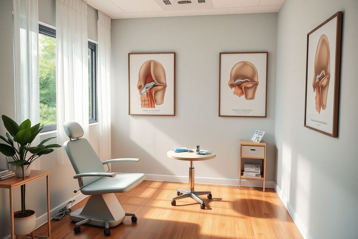 A photorealistic image depicting a serene and inviting medical examination room designed for ear, nose, and throat (ENT) consultations. The room features soft, ambient lighting that creates a calming atmosphere. In the foreground, a sleek, modern examination chair is positioned next to a small, round table with a few medical tools neatly arranged. On the walls, there are large, framed anatomical posters illustrating the nasal cavity and paranasal sinuses, enhancing the educational aspect of the space. A window allows natural light to filter in, with sheer white curtains gently swaying, and outside, a glimpse of a lush green garden is visible, promoting a sense of tranquility. The flooring is a warm, polished wood, adding to the inviting ambiance. In one corner, a small shelf holds an array of medical books and pamphlets about nasal health, while a plant in a ceramic pot brings a touch of nature indoors. The overall composition conveys a sense of professionalism and care, making it an ideal setting for discussions about nasal cancer and treatment options.