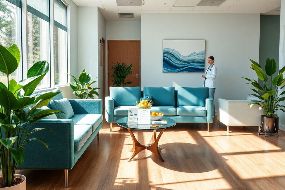 A serene, photorealistic image of a well-lit, modern medical clinic interior, featuring a comfortable waiting area with plush seating in calming shades of blue and green. Sunlight streams through large windows, casting soft shadows on the polished wooden floor. Lush indoor plants, such as snake plants and peace lilies, add a touch of nature, promoting a sense of tranquility. On a coffee table, a neatly arranged display of health pamphlets and a small bowl of fresh fruit invite patients to relax and feel at ease. The walls are adorned with abstract art depicting gentle waves, symbolizing calmness and healing. In the background, a friendly healthcare provider is seen consulting with a patient, emphasizing a supportive and welcoming environment. The overall atmosphere conveys a sense of safety and reassurance, ideal for patients navigating their health journey, particularly those managing the side effects of treatments like Genvoya.