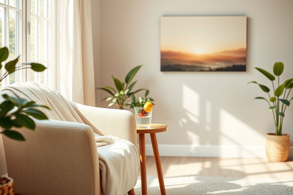 A serene and inviting scene captures the essence of menopause management with Veozah. In the foreground, a cozy, softly lit room features a plush armchair draped with a light, calming blanket. A small wooden side table holds a glass of water with fresh lemon slices, symbolizing hydration and wellness. Nearby, a bowl of colorful, healthy snacks, such as berries and nuts, conveys the importance of dietary adjustments.   In the background, a large window allows soft, natural light to flood the space, illuminating delicate houseplants that signify growth and vitality. On the wall, a calming nature-inspired painting depicting a tranquil sunrise over a peaceful landscape evokes feelings of hope and renewal.   The atmosphere is peaceful and nurturing, with a warm color palette of soft pastels and earth tones that enhances the feeling of comfort and relaxation. The overall composition reflects a holistic approach to managing menopause symptoms, emphasizing self-care, support, and the journey toward well-being. This image invites viewers to imagine a space where they can find solace and balance during this transitional phase of life.