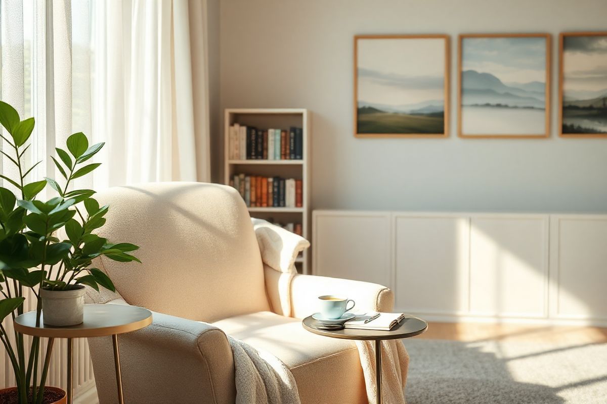 A serene and tranquil scene depicting a cozy, softly lit living room designed for relaxation during menopause. The room features a plush, inviting armchair upholstered in a calming pastel color, positioned near a large window with sheer curtains that gently diffuse natural light. On a small side table beside the chair, a steaming cup of herbal tea rests, accompanied by a notebook and pen, symbolizing the importance of self-reflection and symptom tracking. A lush green plant adds a touch of nature, enhancing the room’s soothing ambiance. In the background, a bookshelf filled with well-worn books on health and wellness suggests a commitment to education and self-care. The walls are adorned with calming artwork depicting peaceful landscapes, creating a sense of harmony and emotional support. A soft throw blanket drapes over the armchair, inviting relaxation, while a warm, neutral color palette of creams, soft greens, and blues further enhances the comforting atmosphere of the space, making it an ideal retreat for women navigating the challenges of menopause.