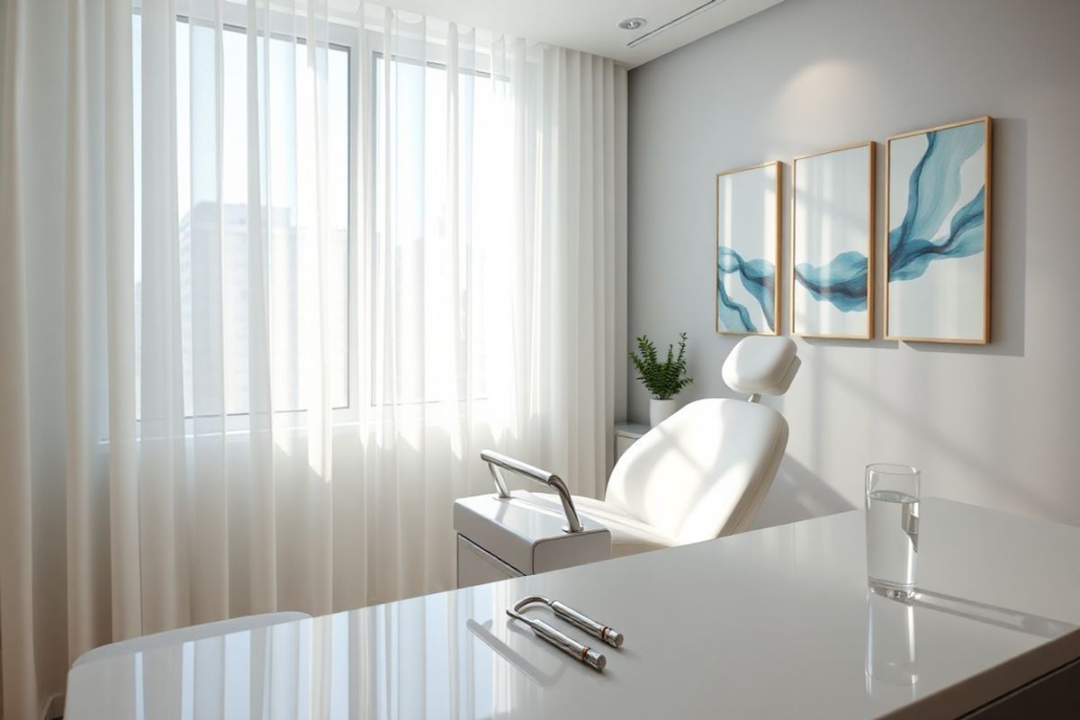 A serene and elegant clinical setting featuring a well-lit, modern treatment room designed for cosmetic procedures. The focal point is a plush, white treatment chair positioned under soft, ambient lighting. Surrounding the chair are sleek stainless steel medical instruments neatly arranged on a polished countertop. A large window allows natural light to filter in, casting gentle shadows across the room, while sheer curtains flutter slightly in a soft breeze. On the wall, there are tasteful, abstract art pieces in calming colors like blues and greens, evoking a sense of tranquility. In the background, a small potted plant adds a touch of greenery, enhancing the fresh and clean atmosphere. A glass of water sits on a nearby side table, suggesting a welcoming environment for clients. The overall composition conveys a professional yet inviting ambiance, perfect for individuals seeking Botox treatments, emphasizing safety, comfort, and the importance of a thoughtful therapeutic experience.