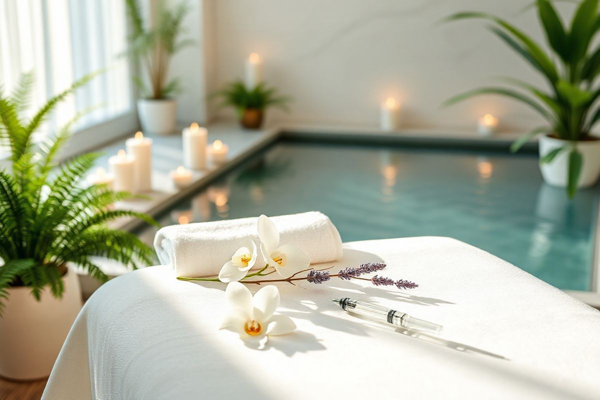 A photorealistic decorative image features a serene, luxurious spa setting bathed in soft, natural light. In the foreground, a beautifully arranged treatment table is adorned with plush white linens and neatly folded towels. On the table, there are elegant glass vials filled with clear liquid, symbolizing Botox, alongside delicate flowers such as white orchids and lavender sprigs, adding a touch of tranquility. The background showcases a calming water feature, with gentle ripples reflecting the soft glow of candles placed strategically around the space. Lush greenery, such as ferns and potted plants, enhances the atmosphere of relaxation and rejuvenation. The overall color palette is soothing, with soft whites, greens, and hints of pastel colors, creating a peaceful ambiance that invites viewers to imagine a moment of self-care and beauty. The image captures the essence of a high-end cosmetic treatment experience, emphasizing wellness, relaxation, and the transformative effects of beauty treatments like Botox.