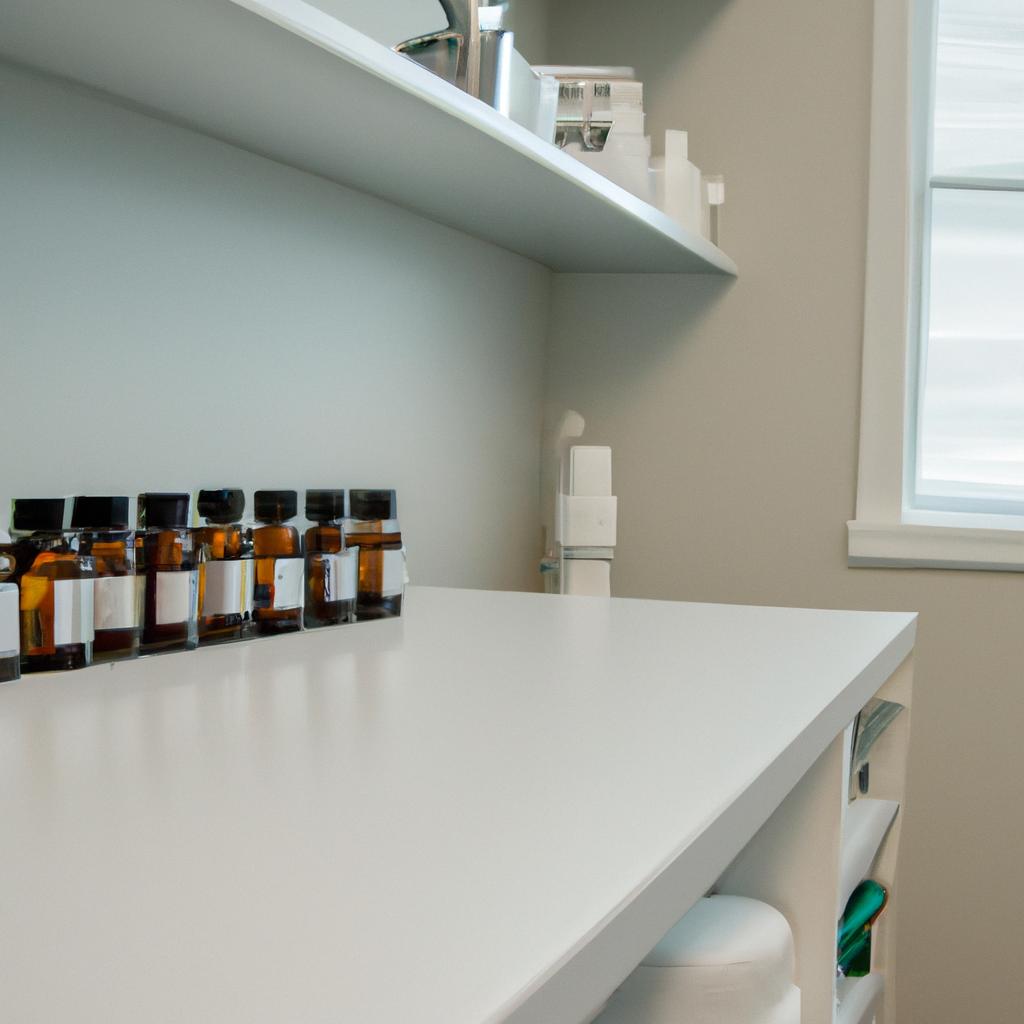 A serene medical setting featuring a close-up of a clean, modern treatment room with a soothing color palette, elegant medical equipment, and a well-organized shelf of pharmaceutical bottles.