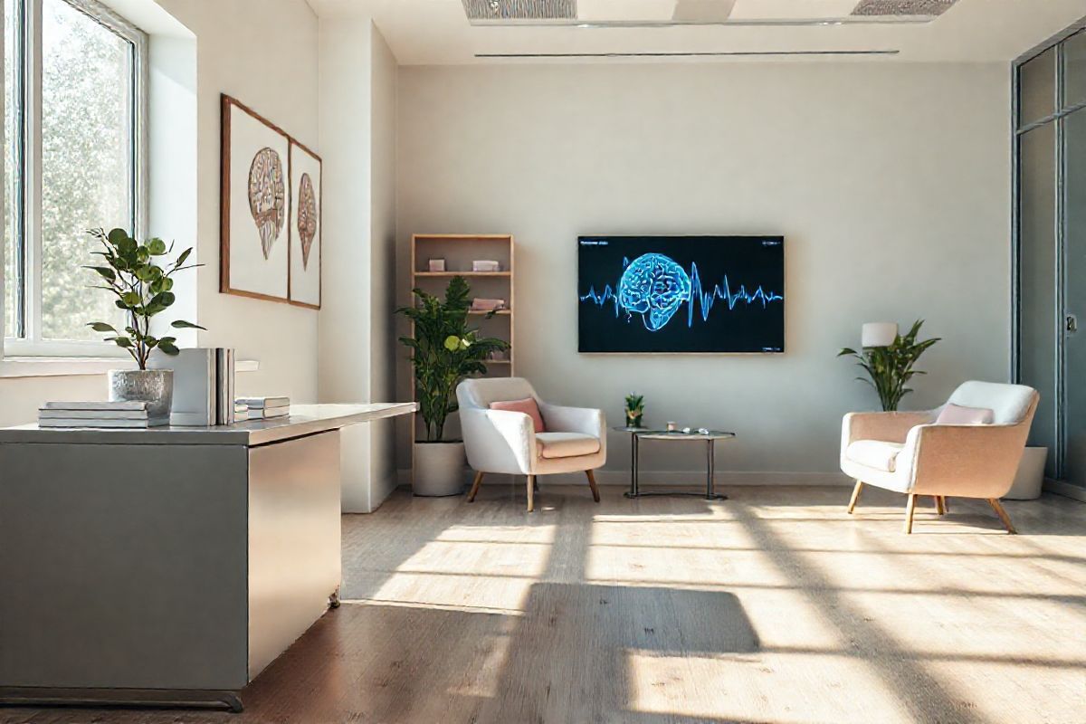 A photorealistic image depicting a serene and calming scene in a modern medical office dedicated to epilepsy care. The room is softly lit with natural light streaming through large windows, casting gentle shadows on the light-colored hardwood floor. In the foreground, a sleek, minimalist desk is adorned with a few neatly organized medical books and a tranquil indoor plant, symbolizing growth and healing.   On the walls, there are framed anatomical illustrations of the human brain, with emphasis on areas impacted by seizures, blending education and aesthetics. A comfortable seating area features plush, inviting chairs in soothing pastel colors, encouraging a sense of comfort for patients and their families.   In the background, a high-tech monitor displays a brainwave pattern, representing the advanced technologies used in epilepsy monitoring and research. The overall atmosphere is one of hope and support, with soft textures and muted colors, creating an environment that promotes well-being and understanding for those affected by epilepsy.