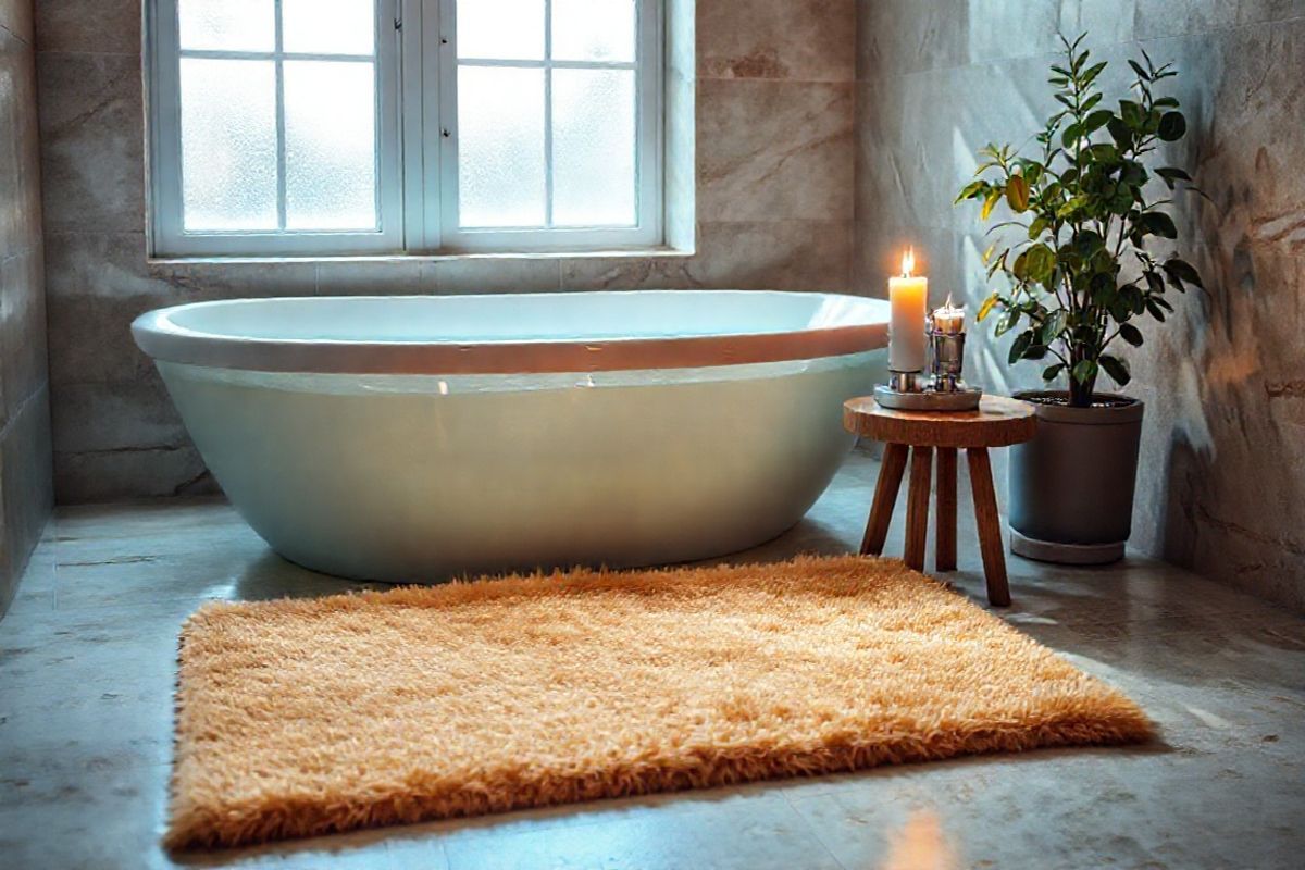 A serene bathroom setting featuring a plush, warm-toned bath mat placed in front of a soaking tub filled with clear, warm water. The tub is surrounded by elegant, natural stone tiles, creating a calming atmosphere. Soft, ambient lighting filters through frosted glass windows, casting gentle shadows that enhance the peaceful vibe. Beside the tub, a small wooden stool holds a bowl of Epsom salts and a lit, fragrant candle, exuding tranquility. On the opposite side, a potted plant with lush green leaves adds a touch of nature, symbolizing health and vitality. The scene evokes a sense of relaxation and self-care, inviting viewers to imagine a soothing sitz bath experience that can alleviate discomfort from internal hemorrhoids. The overall composition emphasizes comfort, cleanliness, and a holistic approach to well-being, making it a perfect visual representation of the article’s focus on home remedies and care for internal hemorrhoids.