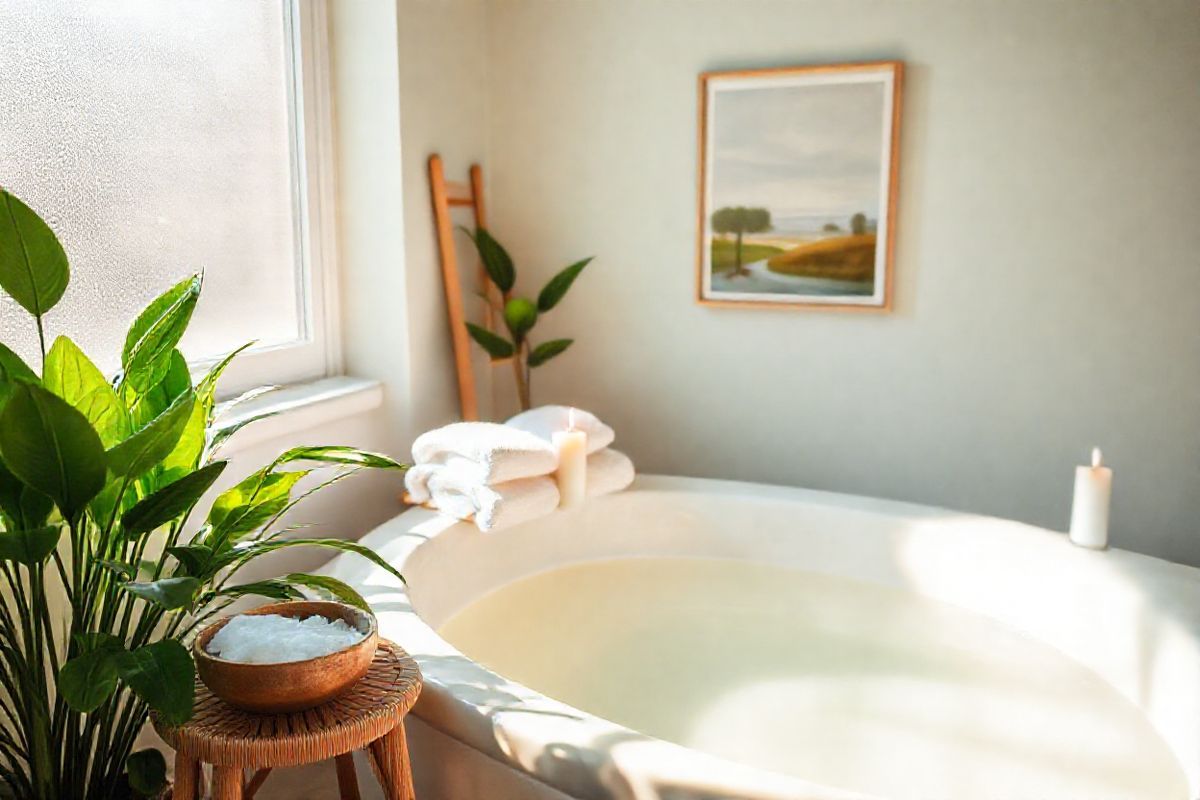 A serene and calming bathroom setting is depicted, featuring a sunlit space with soft, natural light streaming through a frosted window. The focal point is a warm, inviting soaking tub filled with clear water, surrounded by lush green plants that add a touch of nature. Delicate white towels are neatly arranged on a wooden shelf nearby, while a small bamboo stool holds a bowl of Epsom salts and a lit candle, creating a tranquil atmosphere. The walls are adorned with soothing pastel colors, enhancing the sense of relaxation. In the background, a tasteful piece of art depicting a peaceful landscape hangs, further contributing to the calming vibe. The overall composition evokes a sense of comfort and serenity, perfect for a space where one might seek relief and relaxation, resonating with the theme of self-care and wellness associated with managing hemorrhoids.