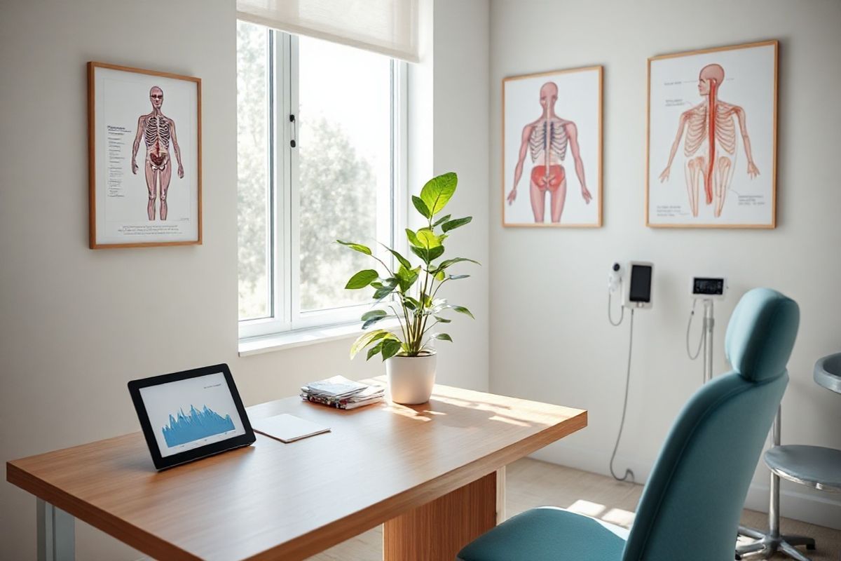 A photorealistic image captures a serene medical environment, showcasing a well-lit examination room with soft, neutral tones to evoke a sense of calm. In the foreground, a modern wooden desk is neatly organized, holding a few medical charts and a digital tablet displaying a graph of lymphocyte levels. Behind the desk, a large window allows natural light to filter in, illuminating a potted green plant that symbolizes health and vitality.   On the walls, framed anatomical posters of the human immune system and lymphatic system provide educational context without overwhelming the space. A comfortable examination chair, upholstered in a soothing blue fabric, invites patients to sit and discuss their health concerns.   In the background, a subtle hint of medical equipment can be seen, including a stethoscope draped over a chair, and a blood pressure monitor on a nearby stand. The overall atmosphere is one of professionalism and care, reflecting the importance of monitoring lymphocyte levels in lymphoma patients. Soft shadows and gentle lighting create a tranquil ambiance, promoting a sense of hope and reassurance in the journey of health management.