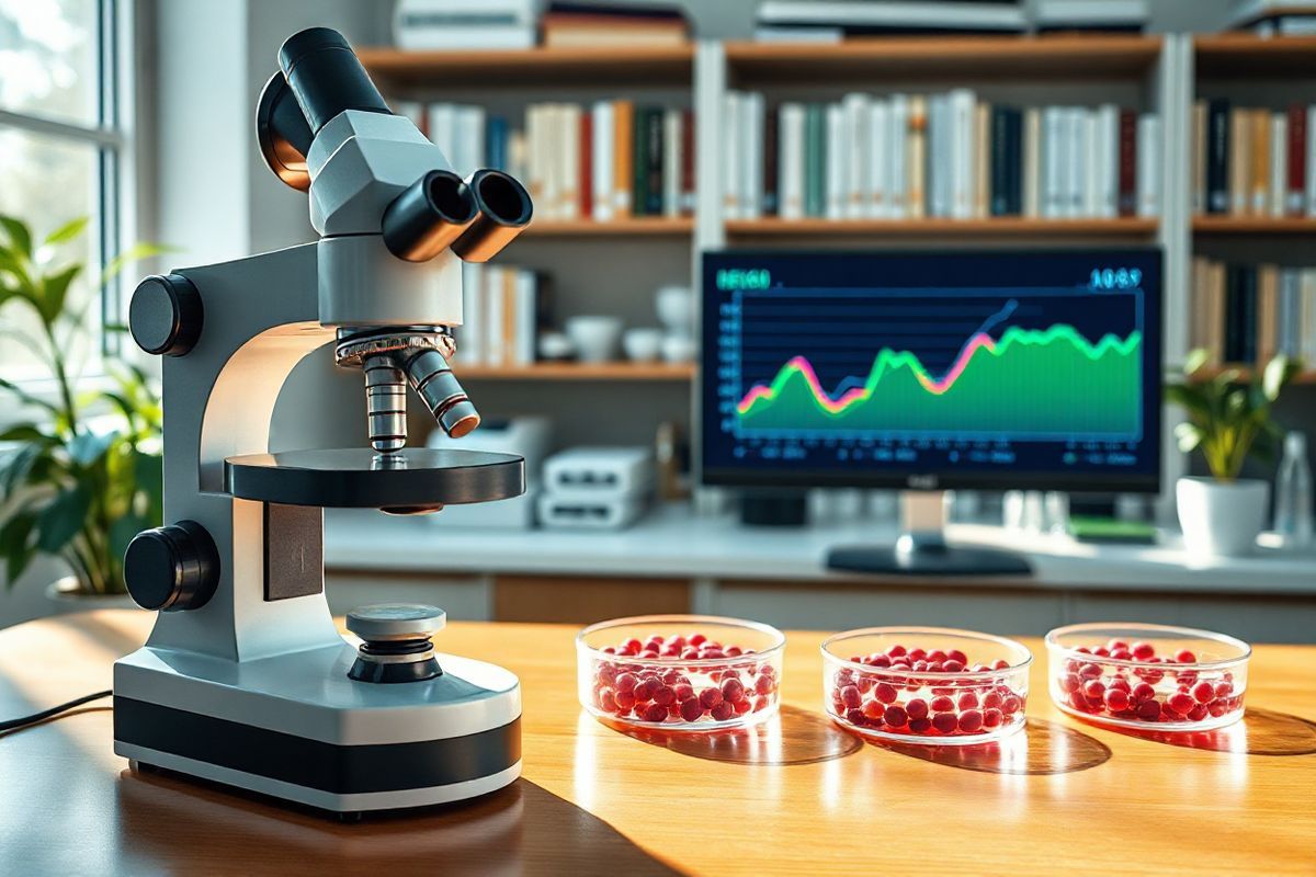 A photorealistic image depicting a serene laboratory environment focused on hematology. In the foreground, a clear glass microscope is positioned on a polished wooden table, reflecting soft, natural light streaming in from a nearby window. Surrounding the microscope are neatly arranged petri dishes containing samples of blood, showcasing vibrant red and white blood cells under a microscope lens. A digital monitor displays a colorful, detailed graph of lymphocyte counts, with varying shades of blue and green representing normal and abnormal levels. In the background, shelves filled with medical textbooks and lab equipment create a scholarly atmosphere. A potted plant adds a touch of nature, contrasting the clinical setting. The overall ambiance conveys a sense of precision, care, and the importance of lymphocyte analysis in diagnosing health conditions, particularly lymphoma, evoking a feeling of hope and advancement in medical science.