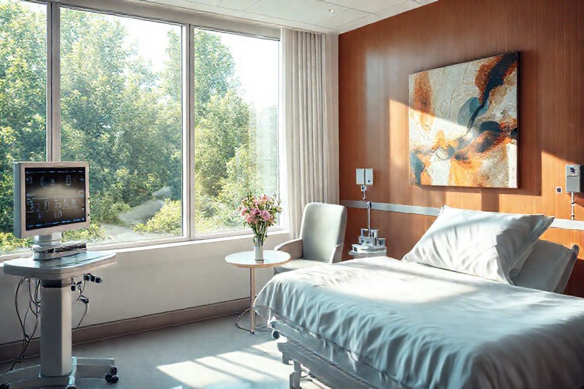 A photorealistic image depicting a serene and inviting healthcare environment. The scene showcases a modern hospital room bathed in soft, natural light streaming through large windows, with a view of lush greenery outside. The room features a neatly made hospital bed with crisp white linens, a sleek medical monitor displaying vital signs, and a comfortable chair positioned nearby. On a small table, there are fresh flowers in a vase, symbolizing care and compassion. In the background, a warm-toned wall is adorned with abstract art that reflects themes of health and wellness. The overall atmosphere conveys a sense of safety, comfort, and hope, reinforcing the essential role of healthcare services provided under Medicare. The meticulous details, from the texture of the fabrics to the subtle shadows cast by the sunlight, create a lifelike quality that evokes a sense of trust and reassurance in medical care.