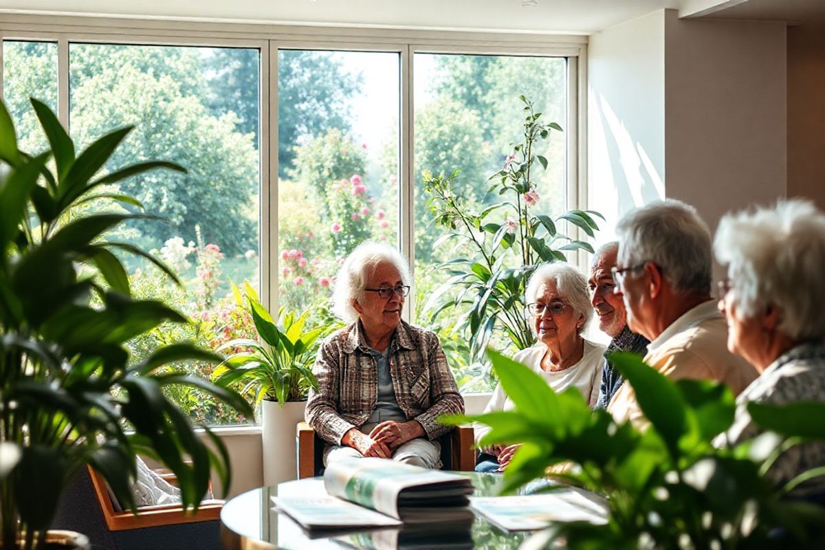 A photorealistic image captures a serene and inviting healthcare setting. In the foreground, a diverse group of elderly individuals, representing various ethnicities, are engaged in a friendly discussion while seated in a bright, well-lit community center. They are surrounded by lush indoor plants, providing a touch of nature and warmth to the environment. In the background, a large window showcases a picturesque view of a vibrant garden full of blooming flowers and greenery, symbolizing health and vitality. Sunlight filters through the window, casting gentle shadows and creating a calming ambiance. On a nearby table, a few pamphlets and brochures about Medicare and healthcare services are neatly arranged, hinting at the importance of financial planning for healthcare in later years. The overall atmosphere conveys a sense of community, support, and the essential role of healthcare funding in ensuring a high quality of life for seniors, emphasizing the themes of sustainability and care within the Medicare program.