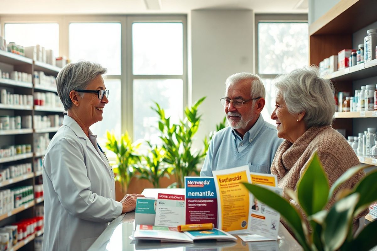 A serene and inviting pharmacy setting, bathed in warm, natural light streaming through large windows. The scene features neatly organized shelves filled with various medications, including a prominent display of Namenda and its generic counterpart, memantine. In the foreground, a friendly pharmacist, a middle-aged woman with glasses, is assisting an elderly couple—an elderly man with gray hair and a caring look, and an elderly woman with a gentle smile—who are discussing medication options. The couple appears hopeful and engaged, symbolizing the importance of access to essential medications. On the counter, there are colorful pamphlets about financial assistance programs and drug discount coupons, subtly hinting at the support available to patients. The overall atmosphere conveys a sense of compassion, care, and community, emphasizing the accessibility of healthcare and the vital role of pharmacists in assisting patients with their medication needs. Soft green plants in the background add a touch of life and tranquility to the scene, creating a warm and welcoming environment that embodies the essence of patient support and well-being.