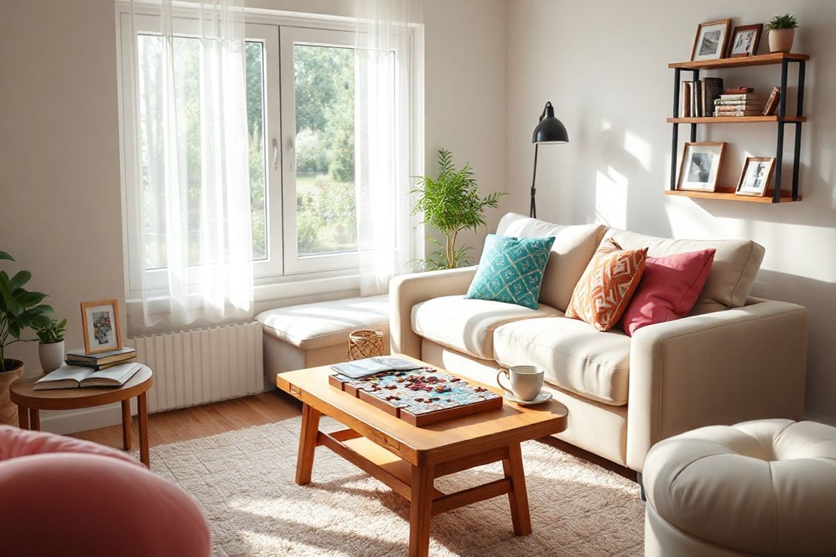 A serene and inviting scene depicting a cozy living room designed for comfort and cognitive engagement. The room features a large window with soft, natural light streaming in, illuminating a plush, light-colored sofa adorned with colorful throw pillows. A wooden coffee table, stylish yet functional, holds a jigsaw puzzle in progress, surrounded by a few open books and a steaming cup of tea. On a nearby shelf, framed family photos and a small potted plant add warmth and personalization. The walls are painted in calming pastel hues, while a soft rug lies underfoot, creating a homely atmosphere. In the background, a subtle glimpse of a well-kept garden can be seen through the window, representing tranquility and connection to nature. The overall ambiance of the room conveys a sense of safety, comfort, and mental stimulation, reflecting the importance of a nurturing environment for individuals managing Alzheimer’s disease.