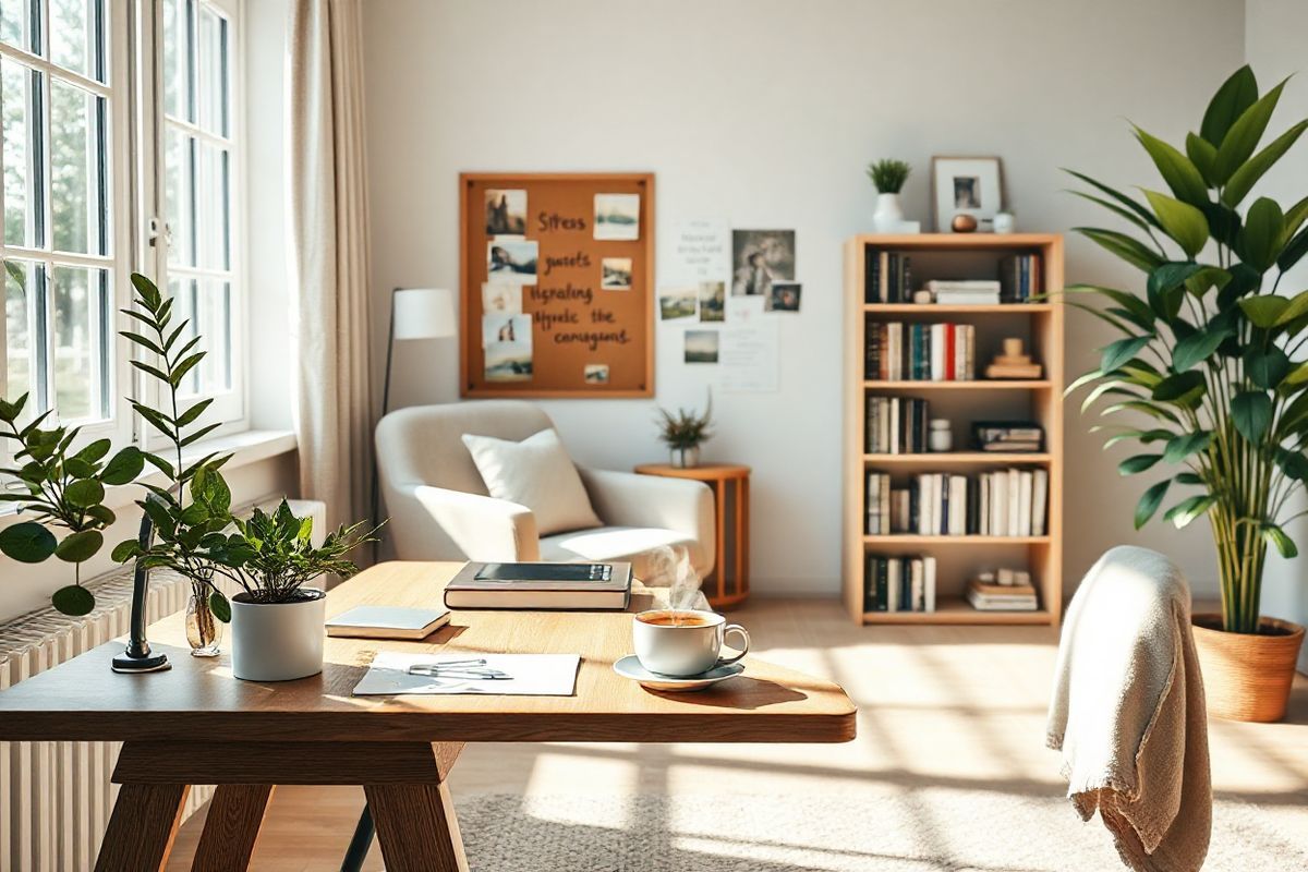 A serene and inviting home office scene bathed in soft, natural light filtering through a large window. The focal point is a stylish wooden desk adorned with a neatly arranged set of stationery, a calming potted plant, and a steaming cup of herbal tea, suggesting a sense of tranquility and focus. In the background, a cozy armchair with plush cushions invites relaxation, while a soft throw blanket drapes casually over its arm. The walls are painted in a soothing pastel hue, enhancing the peaceful ambiance. A corkboard is pinned with images of nature and motivational quotes, subtly hinting at stress management and positivity. To one side, a bookshelf filled with well-organized books and decorative items reflects a blend of personal interests and knowledge. A large indoor plant in the corner adds a touch of greenery, symbolizing growth and wellness. The overall composition exudes a sense of calm and balance, ideal for creating an environment conducive to reducing stress and enhancing productivity.