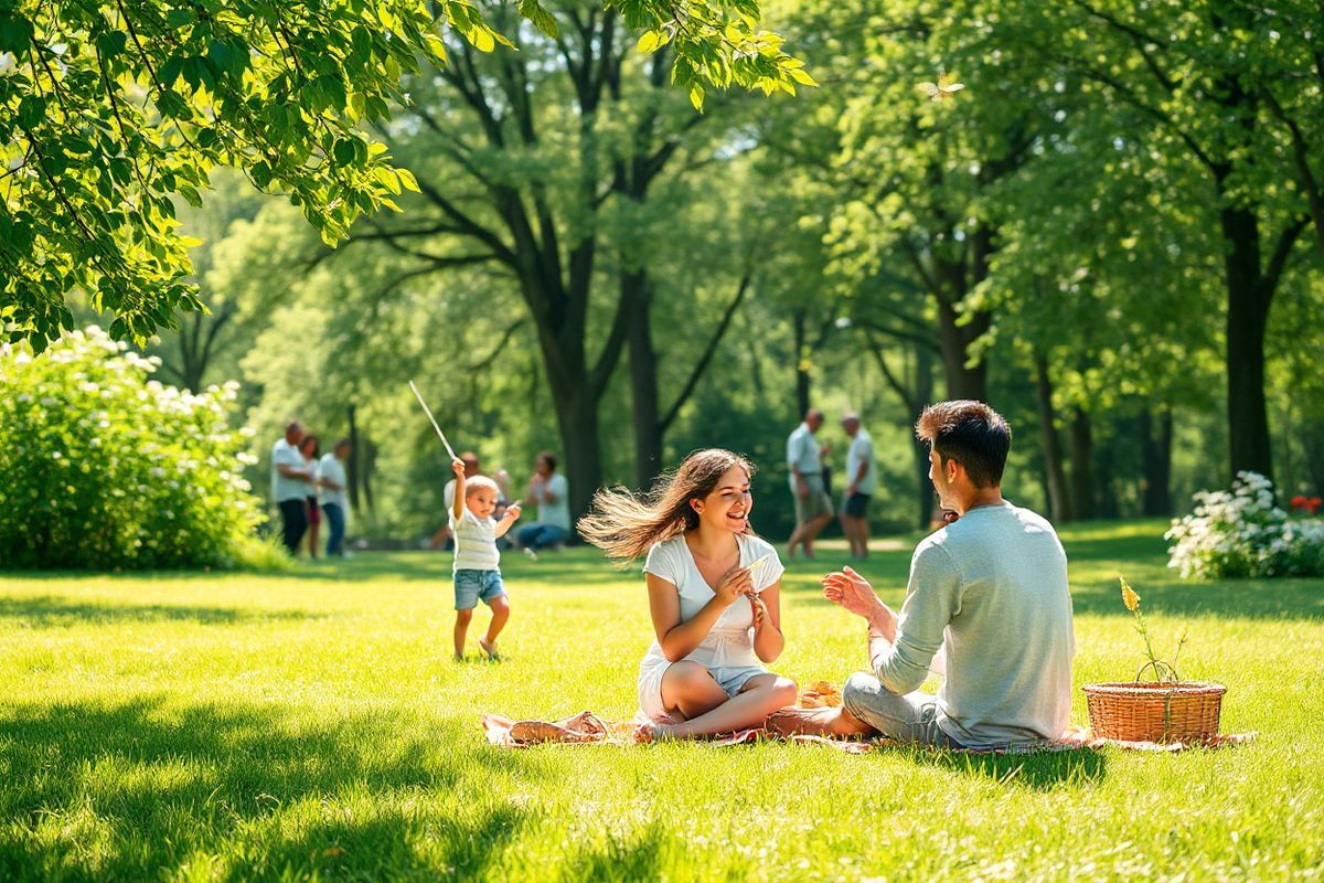 A photorealistic decorative image depicting a serene scene in a lush green park, where a diverse group of people is engaged in various activities that symbolize family and health. In the foreground, a young couple is sitting on a picnic blanket, joyfully sharing a meal while laughing and holding hands. Nearby, a child is playing with a kite, illustrating innocence and the joy of childhood. In the background, a small group of friends is engaged in a lively conversation, with a backdrop of blooming flowers and tall trees that represent growth and vitality. The sunlight filters through the leaves, casting dappled shadows on the ground, creating a warm and inviting atmosphere. To add depth, a gentle breeze causes the leaves to sway, and a few butterflies flutter around, symbolizing hope and transformation. This image encapsulates themes of family planning, support, and the importance of health, resonating with the essence of thalassemia awareness and the role of genetic counseling in fostering healthy family dynamics. The overall color palette features soft greens, warm yellows, and vibrant floral hues, creating a calming yet uplifting visual narrative.