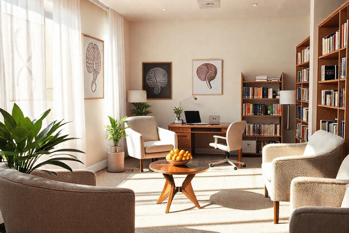 A photorealistic image depicting a serene and inviting genetic counseling office. The room is warmly lit, with soft natural light streaming in through large windows adorned with sheer white curtains. On one side, there is a comfortable seating area with plush, neutral-colored armchairs and a small round table topped with a bowl of vibrant, fresh fruit. A potted plant adds a touch of greenery, bringing life to the space. The walls are painted in calming pastel shades, and framed art depicting abstract DNA strands and brain imagery adorns the walls, subtly tying into the theme of genetics. In the background, a wooden desk is neatly organized with a laptop, open folders, and a decorative lamp, emphasizing a professional yet welcoming atmosphere. A bookshelf filled with medical books and resources on genetics and counseling lines one wall, inviting patients to explore and learn. Overall, the image conveys a sense of comfort, support, and professionalism, perfectly reflecting the essence of genetic counseling for individuals navigating their health decisions regarding brain aneurysms.