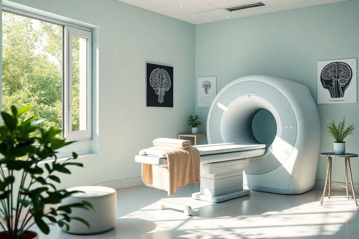 A photorealistic image depicting a serene and tranquil medical setting, featuring a modern MRI machine in a softly lit examination room. The room is adorned with calming colors, such as light blues and greens, creating a peaceful atmosphere. In the foreground, an open window reveals a lush garden outside, with sunlight filtering through the leaves, casting gentle shadows on the floor. On the wall, there are subtle anatomical posters of the brain, illustrating the vascular system and highlighting areas prone to aneurysms. A comfortable examination table is positioned beside the MRI machine, with a soft, inviting blanket draped over it. The room is equipped with advanced imaging technology, showcasing the importance of early detection and monitoring. A small plant sits on a nearby table, adding a touch of nature to the clinical environment. The overall composition conveys a sense of hope and reassurance, emphasizing the significance of genetic testing and screening in managing brain aneurysm risks while promoting a sense of calm for patients undergoing examinations.