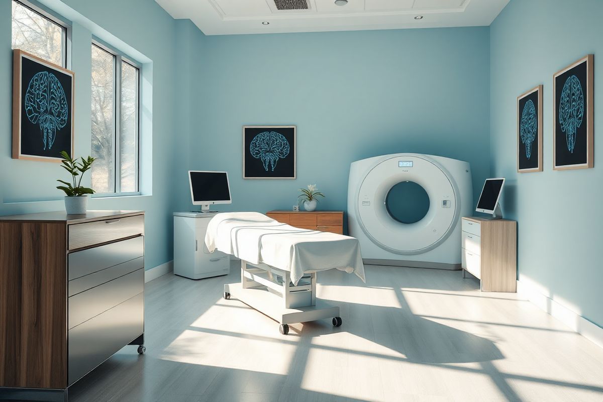 A striking photorealistic image captures a serene, softly lit medical examination room, designed to evoke a sense of calm and reassurance. The room features a comfortable examination table draped in crisp white linen, flanked by modern medical equipment, including an MRI machine visible through a glass partition. The walls are painted a soothing pastel blue, adorned with framed images of neural pathways and brain anatomy, reflecting the intricate beauty of the human brain. Sunlight filters through large windows, casting gentle shadows that dance across the floor, enhancing the tranquil atmosphere. A small potted plant sits on a sleek wooden desk, symbolizing growth and hope. The overall ambiance is inviting and professional, creating a space where patients can feel at ease while discussing their health concerns, particularly related to brain aneurysms and genetic testing. The absence of text allows the viewer to immerse fully in the visual narrative, emphasizing the importance of care, understanding, and advanced medical technology in the assessment and management of brain health.