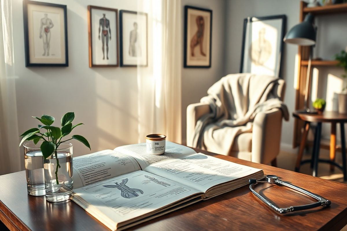 A photorealistic image features a serene, softly lit scene of a tranquil study space, emphasizing the theme of health and wellness. In the foreground, a beautifully crafted wooden desk holds an open medical textbook, its pages filled with diagrams of the thyroid gland and illustrations of hormonal pathways. Beside the book, a small potted plant with lush green leaves symbolizes vitality, while a glass of clear water reflects the gentle sunlight streaming through a nearby window.   The background showcases a wall adorned with framed art depicting human anatomy, including a detailed illustration of the thyroid gland. A cozy armchair, draped with a soft, inviting blanket, invites relaxation and contemplation. On a side table, a stethoscope lies casually, hinting at the importance of health monitoring.   Delicate rays of sunlight filter through sheer curtains, casting warm shadows and creating a calming atmosphere. The overall color palette includes soft greens, warm browns, and natural hues, evoking feelings of peace and well-being, making it an ideal visual complement to discussions about thyroid health and the effects of medications like spironolactone.