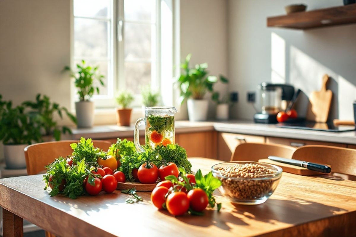 A serene and inviting kitchen scene bathed in warm, natural light. The focal point is a wooden dining table set for a healthy meal, adorned with an array of colorful fruits and vegetables, including vibrant tomatoes, leafy greens, and fresh herbs. A glass pitcher filled with infused water sits beside a bowl of whole grains, symbolizing balanced nutrition. In the background, a well-organized countertop showcases a few kitchen appliances, such as a blender and a cutting board with a knife, suggesting meal preparation. The walls are painted in soft, neutral tones, complemented by green potted plants that add a touch of freshness and life to the space. The atmosphere conveys a sense of health and wellbeing, inviting viewers to consider the importance of dietary choices in managing blood sugar levels while on medication. Sunlight streams through a nearby window, casting gentle shadows and enhancing the photorealistic quality of the scene, making it feel warm and welcoming, perfect for a lifestyle focused on health and nutrition.