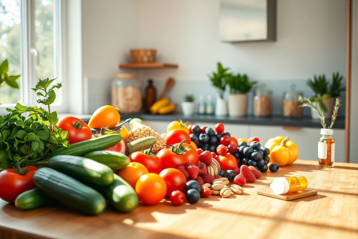 A serene and inviting scene unfolds in a modern kitchen, where a wooden table is adorned with an assortment of fresh fruits and vegetables, symbolizing health and vitality. Sunlight streams through a large window, casting a warm glow that highlights the vibrant colors of ripe tomatoes, crisp cucumbers, and an assortment of berries. In the background, there is a stylish countertop with neatly arranged jars filled with grains and nuts, representing wholesome dietary choices. Potted herbs like basil and rosemary add a touch of greenery, enhancing the atmosphere of freshness. The walls are painted in soft, calming hues, complementing the natural wood elements and creating a harmonious space. A subtle hint of a prescription bottle can be seen in the corner of the table, emphasizing the dual theme of health and medication management. The overall composition exudes a sense of balance and tranquility, inviting viewers to reflect on the importance of nutrition and health in their daily lives, particularly for those managing conditions like hypertension or diabetes.