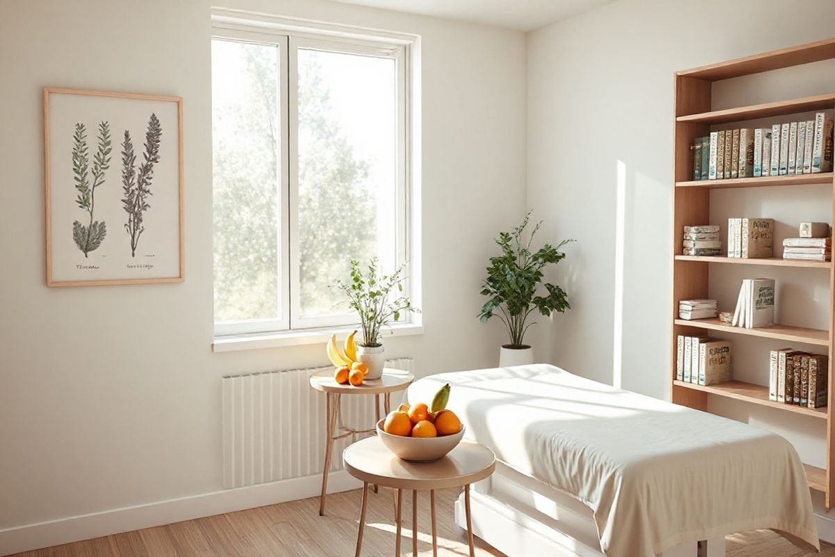 Create a photorealistic image of a serene, softly lit women’s health clinic interior. The room features a comfortable examination table draped with light pastel linens, surrounded by calming decor. On the walls, there are framed botanical prints illustrating various herbs known for their health benefits, such as thyme and sage. A large window allows natural light to filter in, illuminating a small table adorned with a bowl of fresh fruits—apples, bananas, and oranges—symbolizing nutrition and wellness. Nearby, a potted plant adds a touch of greenery, emphasizing a connection to nature. In one corner, a shelf displays neatly arranged books on women’s health and wellness, hinting at the importance of knowledge and self-care. The overall atmosphere is warm and inviting, conveying a sense of peace and comfort, ideal for women seeking support for menstrual and reproductive health. The color palette consists of soft whites, gentle greens, and muted earth tones, creating a harmonious and tranquil setting that resonates with the themes of health, balance, and well-being related to thyroid function and menstrual disorders.