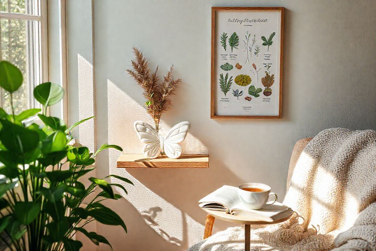 A photorealistic decorative image depicting a serene and tranquil scene within a cozy, softly lit room. The focal point is a delicate butterfly-shaped ceramic sculpture placed on a wooden shelf, symbolizing the thyroid gland. Surrounding the sculpture are lush green plants, representing vitality and health, with sunlight filtering through a nearby window, casting gentle shadows. A small table beside the shelf holds an open book and a steaming cup of herbal tea, suggesting a moment of relaxation and self-care. The walls are painted in soothing pastel tones, and soft textures are incorporated through a plush throw draped over a comfortable chair. A framed botanical print showcasing various herbs known for supporting thyroid health hangs on the wall, adding an element of nature. The overall ambiance of the image conveys harmony, well-being, and a connection to nature, inviting viewers to reflect on the importance of thyroid health and its impact on overall wellness.