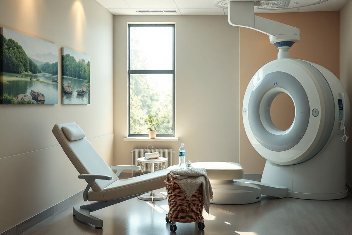 A serene, photorealistic image depicts a softly lit medical treatment room, designed with calming colors and natural elements. In the foreground, a comfortable treatment chair is positioned beside a sleek, high-tech machine that emits gentle beams of light, symbolizing radiation therapy. The walls are adorned with soothing artwork of nature, featuring lush green landscapes and tranquil water scenes, promoting a sense of peace and healing.   Near the chair, a small table holds a basket of comforting items, including a soft blanket, a water bottle, and a journal, inviting patients to reflect during their treatment. A large window reveals a view of a lush garden outside, with sunlight streaming in, creating a warm and inviting atmosphere.   In the background, an advanced imaging device, resembling a CT or MRI scanner, is subtly integrated into the space. The overall ambiance blends modern medical technology with a nurturing environment, emphasizing the balance between cutting-edge cancer treatment and patient comfort. The image conveys hope and tranquility, making it an ideal visual representation for discussions around radiation therapy.