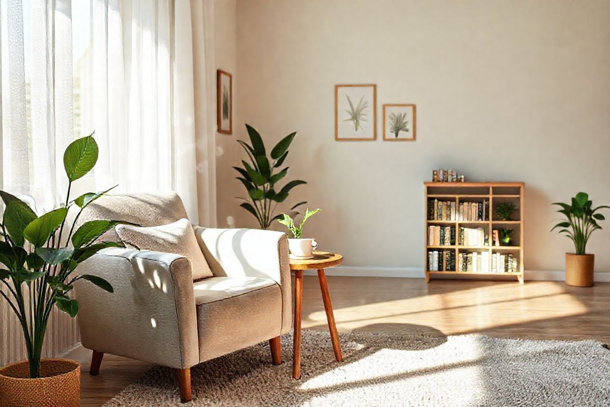 A photorealistic image depicts a serene and inviting living room setting designed for comfort and tranquility. In the foreground, a cozy armchair with soft, neutral-toned upholstery is positioned beside a small wooden side table, adorned with a steaming cup of herbal tea and a few asthma-friendly plants, such as a peace lily and a spider plant, known for their air-purifying qualities. Natural light streams in through a large window draped with sheer white curtains, casting gentle shadows across the room.   On the walls, soft pastel colors create a calming atmosphere, while a few framed botanical prints add a touch of nature. A plush, textured rug lies underfoot, inviting bare feet to sink into its warmth. In the background, a small bookshelf filled with health and wellness books sits against the wall, symbolizing a commitment to well-being. The overall ambiance is peaceful and nurturing, providing a perfect environment for those managing asthma to relax and breathe easily, reflecting the importance of a healthy home environment amidst flu season.