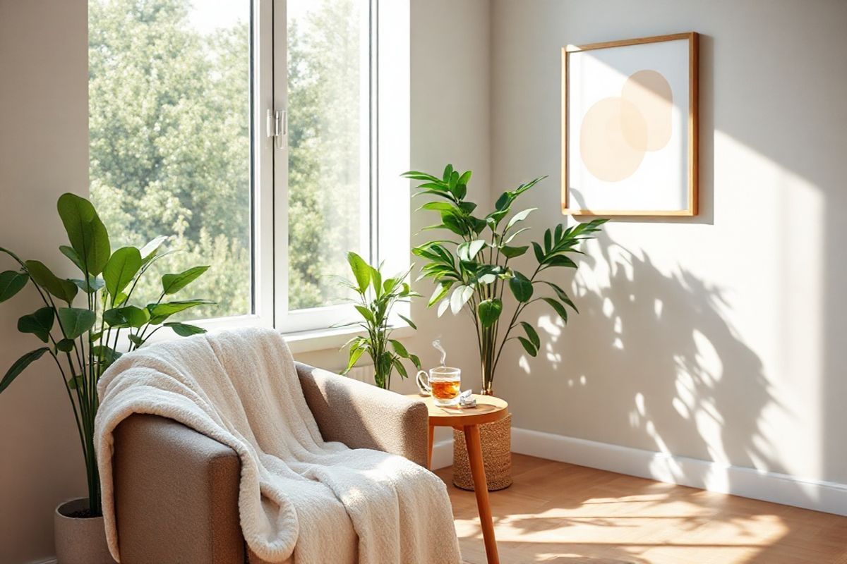 A photorealistic image depicting a serene indoor setting that embodies tranquility and health. In the foreground, a cozy armchair is adorned with a soft, light-colored throw blanket, inviting comfort. Next to it, a small wooden side table holds a steaming cup of herbal tea and a sleek inhaler, symbolizing asthma management. In the background, a large window allows natural light to flood the room, illuminating lush green plants that symbolize a clean and allergen-free environment. Sunlight casts gentle shadows, enhancing the calming atmosphere. On the wall, there is a framed art piece of abstract shapes in soothing pastel colors, adding a touch of modern decor. The floor is a warm, light wood, complementing the overall palette and enhancing the feeling of warmth and safety. The overall composition conveys a sense of peace and well-being, reflecting the importance of a supportive environment for individuals managing asthma.