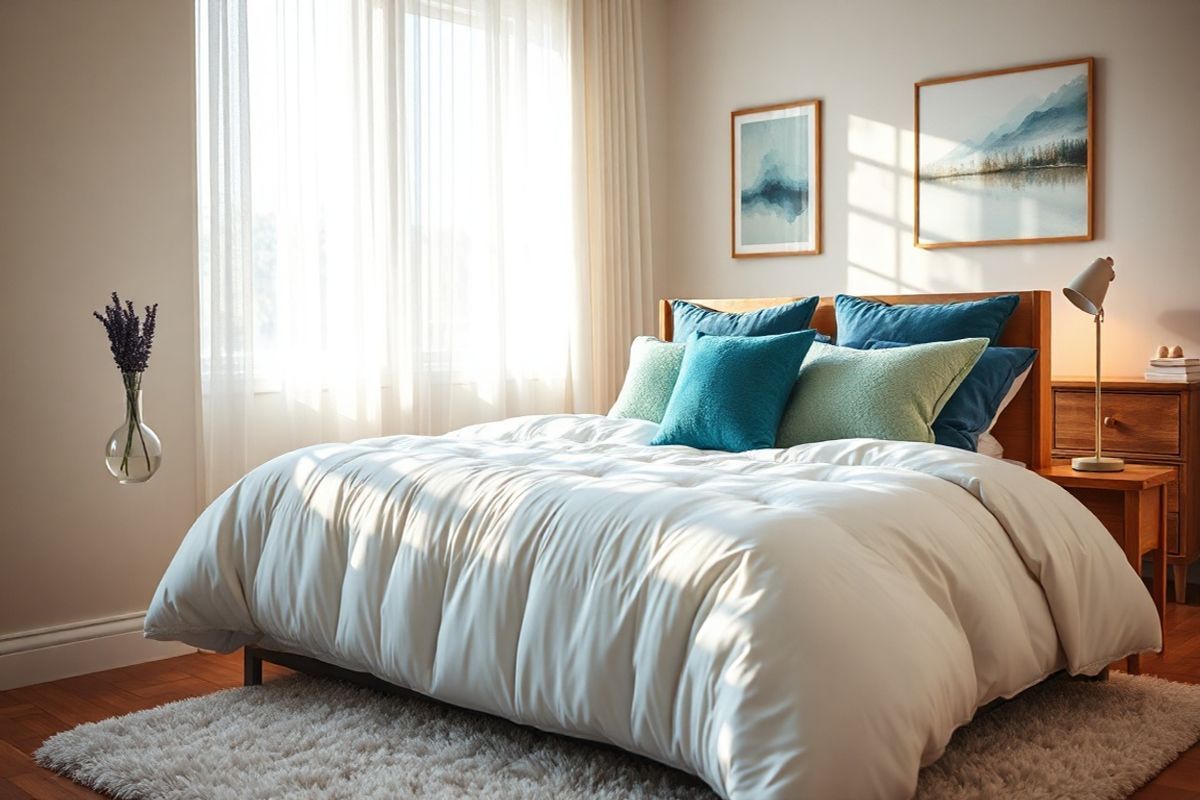 A serene bedroom scene bathed in soft, warm light creates a calming atmosphere. The focal point is a plush queen-sized bed adorned with a cozy, fluffy white duvet and an array of colorful, textured pillows in shades of blue and green. To the side of the bed, a wooden nightstand holds a small, delicate vase filled with fresh lavender, adding a touch of nature and tranquility. A pair of elegant bedside lamps emit a gentle glow, illuminating the space without harshness. The walls are painted in soothing pastel hues, complemented by a tasteful piece of abstract art that evokes feelings of calmness. A large window with sheer curtains allows soft morning light to filter in, casting gentle shadows across the room. On the floor, a plush area rug invites comfort and warmth. In the background, a well-organized dresser displays a few personal items, suggesting a lived-in yet tidy space. The overall composition conveys a sense of peace and relaxation, ideal for promoting restful sleep and addressing issues like snoring and sleep disturbances.