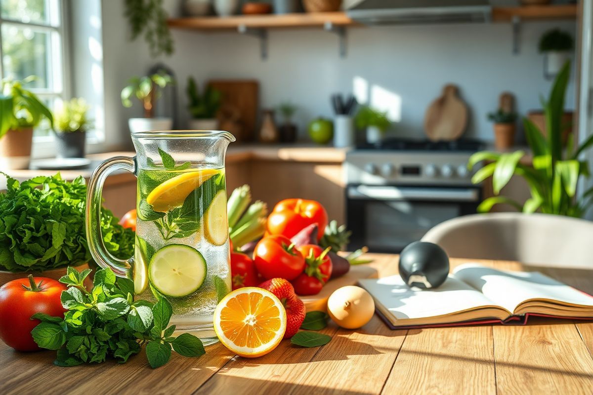 A photorealistic image depicts a serene and inviting kitchen setting, emphasizing health and wellness. The focal point is a wooden dining table adorned with an array of fresh, colorful fruits and vegetables, symbolizing a nutritious diet. Vibrant greens, deep reds, and sunny yellows create a visually appealing contrast against the rustic wood. A glass pitcher filled with infused water, featuring slices of lemon, cucumber, and mint, sits beside the produce, suggesting hydration and freshness. Soft, natural light streams through a nearby window, casting gentle shadows and highlighting the textures of the food. In the background, the kitchen is equipped with modern appliances and houseplants, contributing to an atmosphere of comfort and vitality. A subtle hint of a cookbook opened to a healthy recipe adds a touch of inspiration for cooking. This image encapsulates the essence of a healthy lifestyle, making it an ideal visual accompaniment to the discussion of fatty liver disease management and the benefits of Semaglutide.