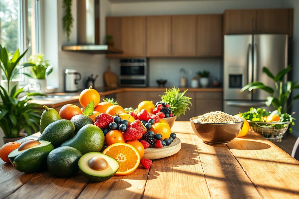 A photorealistic decorative image depicting a serene kitchen setting bathed in warm, natural light. The focal point is a rustic wooden table adorned with a vibrant array of fresh fruits, including avocados, berries, and citrus fruits, symbolizing a healthy diet. In the background, a sleek, modern kitchen with stainless steel appliances and green indoor plants adds a touch of contemporary elegance. A bowl of quinoa and leafy greens sits nearby, emphasizing nutritious meal preparation. Sunlight streams through a large window, casting gentle shadows on the table and highlighting the textures of the fruits and vegetables. The overall atmosphere conveys a sense of health, wellness, and the importance of balanced nutrition in managing conditions like fatty liver disease. The image invites viewers to envision a lifestyle centered around wholesome eating and conscious living, perfectly complementing the themes discussed in the article.