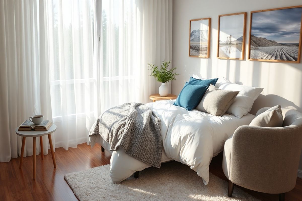 A serene bedroom scene is captured in a photorealistic style, showcasing a cozy, inviting atmosphere. The room features soft, muted colors, with a large window allowing gentle sunlight to filter through sheer white curtains, casting delicate shadows on the wooden floor. A neatly made bed with fluffy white linens and a textured gray throw blanket is the focal point, adorned with several plush pillows in various shades of blue and cream. Next to the bed, a small nightstand holds a steaming cup of herbal tea and a well-loved book, inviting relaxation. On the opposite wall, a comfortable armchair upholstered in soft fabric sits beside a small potted plant, adding a touch of greenery. The walls are adorned with calming artwork depicting tranquil landscapes, contributing to the peaceful ambiance. A soft rug lies underfoot, enhancing the sense of warmth and comfort. Overall, the image evokes a sense of tranquility and restfulness, ideal for individuals seeking solace from the challenges of narcolepsy and POTS, emphasizing the importance of a serene environment for managing symptoms and promoting relaxation.