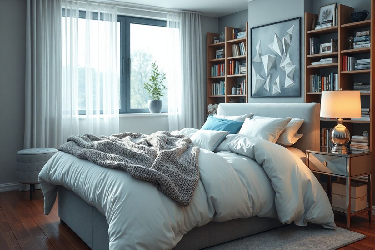 A serene bedroom scene is depicted in photorealistic detail, showcasing a cozy, well-lit space that embodies tranquility and comfort. The focal point is a plush, inviting bed adorned with soft, layered linens in calming shades of blue and white. A fluffy, textured throw blanket is casually draped over the edge, inviting relaxation. On either side of the bed, elegant nightstands hold stylish lamps casting a warm, gentle glow. A large window with sheer curtains allows natural light to filter in, illuminating the room and casting soft shadows on the wooden floor.   In the background, a bookshelf filled with an assortment of books and decorative items adds warmth and personality to the space. A small potted plant sits on the windowsill, bringing a touch of nature indoors. The overall ambiance of the room is peaceful and soothing, perfect for rest and rejuvenation, reflecting the themes of sleep and comfort associated with narcolepsy. The image captures a moment of stillness, inviting the viewer to imagine themselves in this tranquil environment, underscoring the importance of restful sleep in managing their symptoms.