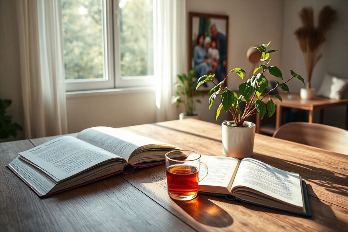 A serene and inviting scene unfolds in a softly lit room adorned with natural elements, perfect for reflecting the complexities of genetic testing and family history in relation to Chronic Lymphocytic Leukemia (CLL). The focal point is a large wooden table, its surface scattered with open books on genetics and family health, alongside a delicate glass vial containing a DNA sample. A warm cup of herbal tea sits invitingly beside a notebook filled with handwritten notes. Sunlight filters through a large window, casting gentle shadows and illuminating a potted plant with lush green leaves, symbolizing growth and hope. In the background, a family photograph hangs on the wall, depicting multiple generations together, emphasizing the importance of family history in understanding genetic predispositions. The overall ambiance is calm and introspective, featuring soft earth tones and textures that evoke a sense of comfort and contemplation, inviting viewers to reflect on the significance of genetic counseling and informed decision-making in the journey of understanding CLL.