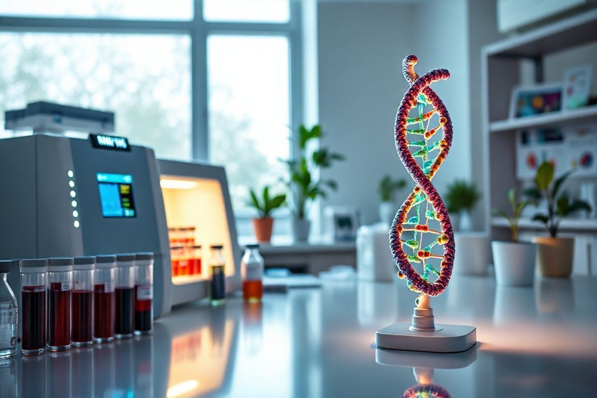 A photorealistic image depicting a serene laboratory setting focused on genetic testing. In the foreground, a sleek, modern genetic sequencer glows softly with LED lights, surrounded by neatly arranged glass vials containing blood and saliva samples. Nearby, an open genetic testing panel showcases colorful charts and diagrams of DNA sequences and chromosomal structures, highlighting the intricate beauty of genetics. The background features a large window allowing natural light to pour in, illuminating the polished surfaces of the laboratory equipment. A DNA double helix model, crafted from vibrant materials, is displayed prominently on a table, symbolizing the complexity of genetic information. The overall atmosphere is calm and professional, with hints of greenery from potted plants adding a touch of life and warmth to the scientific environment. The image captures the essence of advanced genetic research, emphasizing the importance of understanding hereditary factors and the role of genetic testing in managing diseases like Chronic Lymphocytic Leukemia (CLL).