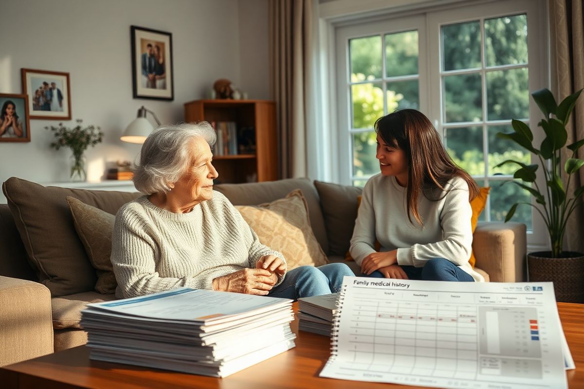 A photorealistic image depicting a serene family gathering in a cozy living room, bathed in warm, soft lighting. In the foreground, a grandmother and her adult daughter are engaged in a heartfelt conversation, their expressions reflecting a mixture of concern and compassion. On a nearby coffee table, a neatly arranged stack of genetic testing brochures and a family medical history chart can be seen, subtly hinting at the importance of understanding hereditary health risks. Behind them, framed family photos adorn the walls, capturing moments of togetherness and love, emphasizing the significance of family history. A potted plant in the corner adds a touch of life to the scene, while a large, inviting window offers a glimpse of a tranquil garden outside, symbolizing hope and the pursuit of knowledge. The overall atmosphere is one of support and understanding, showcasing the bond between family members as they navigate the complexities of genetic predispositions to Chronic Lymphocytic Leukemia (CLL).