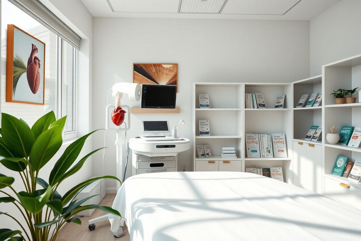 A photorealistic image depicting a serene healthcare environment, featuring a bright and airy exam room. The room is equipped with modern medical technology, including an echocardiogram machine and a spine model, symbolizing the dual focus on heart and joint health. Soft, natural light filters through large windows, illuminating the clean, neutral-colored walls adorned with calming artwork of human anatomy and peaceful nature scenes. In the foreground, a comfortable examination table with crisp white linens invites patients to sit and discuss their health. A potted plant adds a touch of greenery, enhancing the atmosphere of calmness and care. The background showcases shelves filled with medical books and pamphlets about ankylosing spondylitis and cardiovascular health, emphasizing the importance of education and awareness. The overall composition conveys a sense of hope and collaboration between healthcare providers and patients, reflecting the multifaceted approach needed for managing conditions like ankylosing spondylitis and aortic regurgitation.