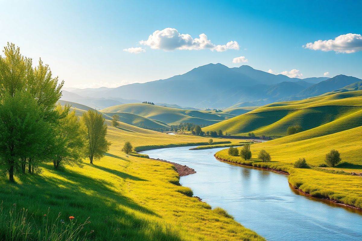 A photorealistic image of a serene, tranquil landscape featuring a winding river flowing through a lush, green valley. In the foreground, a healthy, vibrant grove of trees stands tall, their leaves glistening in the sunlight, symbolizing resilience and strength. The background showcases gently rolling hills, with soft, warm sunlight illuminating the horizon, creating a peaceful and calming atmosphere. A few wildflowers in vibrant colors peek through the grass, adding a touch of life and beauty to the scene. In the distance, a mountain range rises majestically, its peaks capped with a light dusting of snow, representing stability and endurance. The sky above is a brilliant blue with a few fluffy white clouds lazily drifting by, enhancing the sense of tranquility. This image embodies a sense of hope and healing, reflecting the journey of individuals coping with chronic conditions like ankylosing spondylitis, while also hinting at the interconnectedness of nature and health.