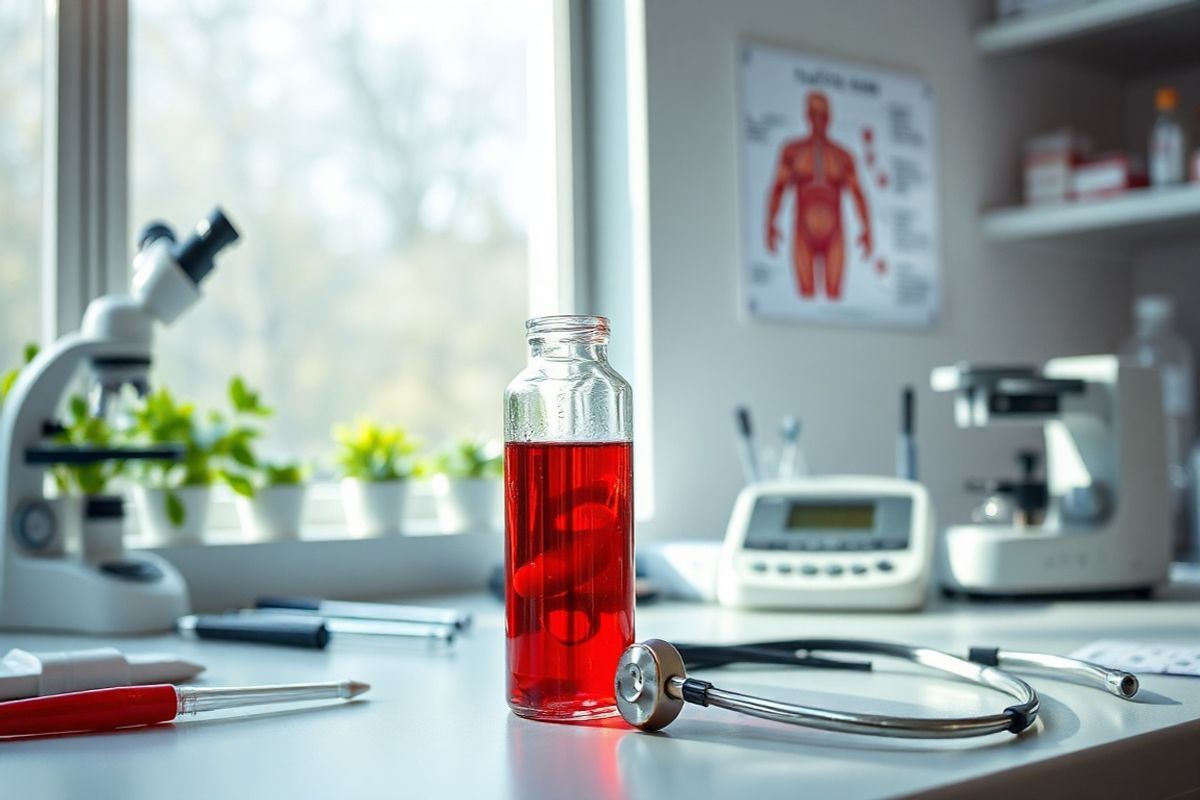 A photorealistic image depicting a serene medical laboratory setting, featuring a well-organized workbench with essential hematology equipment. The focus is on a clear glass vial filled with bright red blood, symbolizing the importance of platelets in clotting. Surrounding the vial are various medical tools, including a microscope, pipettes, and a digital blood cell counter. In the background, a large window allows soft, natural light to illuminate the room, creating a calm atmosphere. A poster of a human blood cell diagram is subtly placed on the wall, showcasing the structure of platelets and their role in the circulatory system. Fresh green plants on the windowsill add a touch of life to the sterile environment, while a stethoscope rests casually on the workbench, suggesting a connection between research and patient care. The overall composition conveys a sense of professionalism and dedication to understanding blood health, encapsulating the essence of thrombocytopenia and its implications in a medical context.