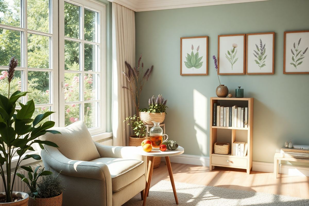 A serene and calming scene unfolds in this photorealistic decorative image, showcasing a tranquil home environment designed for relaxation and wellness. The focal point is a cozy reading nook bathed in soft, natural light, with a plush armchair upholstered in soothing pastel hues. A small side table holds a steaming cup of herbal tea, surrounded by an array of colorful, fresh fruits and vegetables, emphasizing a healthy lifestyle. In the background, large windows reveal a lush garden filled with vibrant flowers and greenery, suggesting a connection to nature.   On the walls, gentle tones of soft greens and blues create a peaceful ambiance, while framed botanical prints add a touch of elegance. A small bookshelf is filled with wellness and self-help literature, encouraging mindfulness and stress management. A subtle hint of lavender and earthy scents wafts through the air, enhancing the scene’s tranquility. The overall composition exudes warmth and serenity, inviting viewers to envision a harmonious space where they can unwind, reflect, and engage in healthy choices that support both mental and physical well-being.