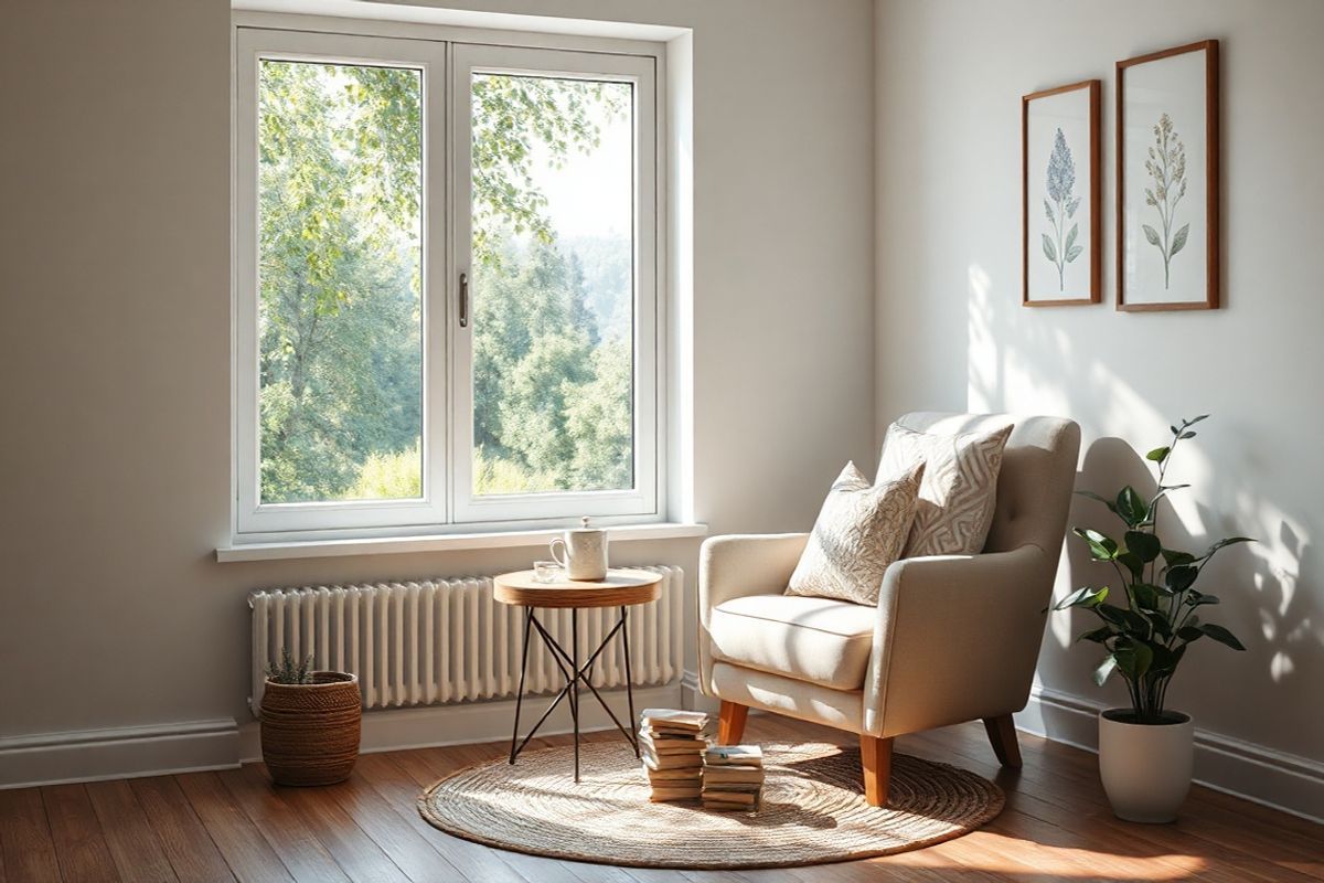 A serene and inviting scene unfolds in a softly lit room where a cozy reading nook is nestled by a large window. The window reveals a picturesque view of a lush green landscape, dappled sunlight streaming through the leaves of nearby trees. A plush armchair in a muted pastel color is adorned with an assortment of decorative pillows, inviting relaxation. A small side table holds a steaming cup of herbal tea and a few open books, hinting at a moment of quiet reflection.   On the walls, subtle botanical prints echo the natural theme, while a potted plant in the corner adds a touch of life and vitality. A soft, woven rug lies beneath the chair, adding warmth to the wooden floor. The gentle interplay of light and shadow creates a tranquil atmosphere, promoting a sense of calm and well-being. The overall composition embodies a harmonious balance between comfort and nature, making it an ideal visual representation of the connection between mindfulness, health, and the importance of managing both migraines and cardiovascular well-being.