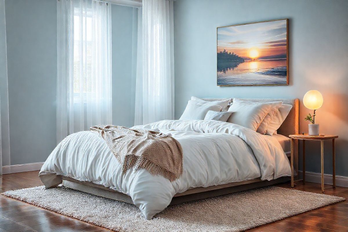 A serene bedroom scene captures the essence of tranquility and comfort, ideal for promoting restful sleep. The focal point is a plush, neatly made king-size bed adorned with soft, white linens and an array of pastel-colored pillows that invite relaxation. A cozy throw blanket is casually draped over the edge of the bed. To the side, a bedside table holds a softly glowing lamp with a warm, inviting light, alongside a small potted plant that adds a touch of nature.   The walls are painted in soothing shades of light blue, enhancing the calming atmosphere, while sheer curtains gently filter the natural light streaming in from a nearby window. A plush area rug in a neutral tone lies beneath the bed, adding warmth to the wooden flooring. In the background, a tranquil landscape painting hangs on the wall, depicting a serene sunset over a calm lake, further instilling a sense of peace. The overall composition evokes a feeling of comfort and relaxation, making it an ideal visual representation for a space dedicated to promoting restful sleep.